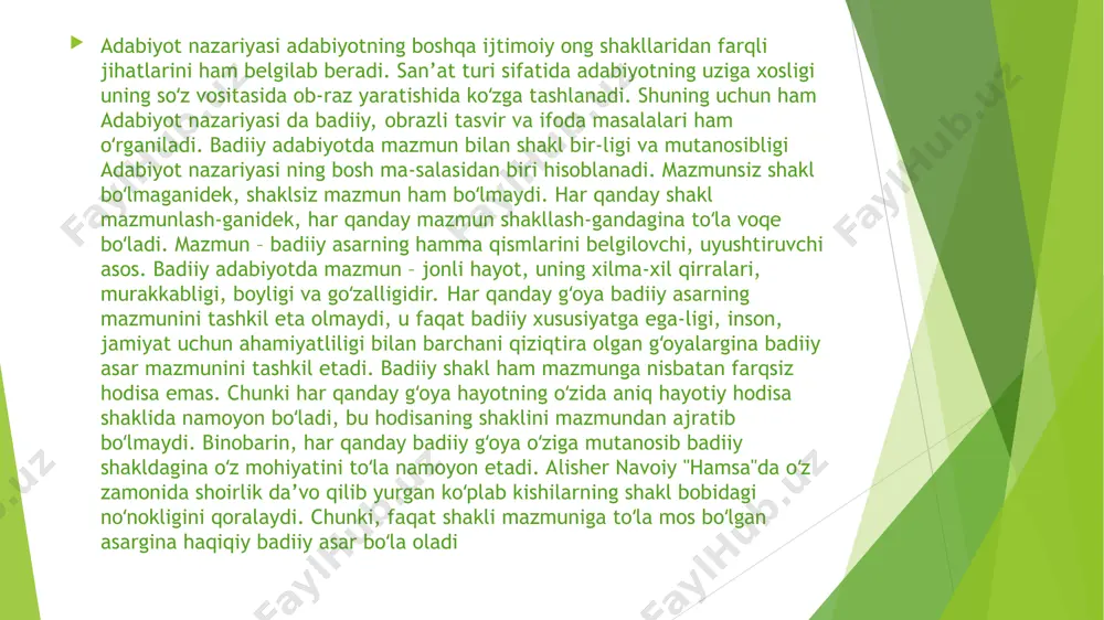 ’i muxtasar" kabi asarlarida aruz, qofiya va badiiy san’-atlar haqida alohida-aloxdda fikr yuri-tilgan. sharq adabiy-nazariy ta’limoti asosan she’riyat materialiga asoslangan boʻlib, ularda badiiy nasr, dramaga oid nazariy kuzatishlar uchramaydi. adabiyot — fikr, tuyg‘ularimizdag‘i so‘zlar, gaplar yordami bilan tasvir qilib, boshqalarda ham xuddi shu holatni yaratmoqdir. bu ta’rif adabiyotning to‘g‘ri ta’rifidir. shul bilan yozilg‘an asarlarga adabiy asar deyiladir. adabiyotning ikinchi bir ta’rifi, bir turli tartibg‘a solinib yozilg‘an butun asarlardir. bu ta’rifg‘a qaraganda, bir tilda yozilg‘an butun asarlar shu tilning adabiyoti boiadir. ham shunday ishlatadirlar: rus adabiyoti boydir. 0 ‘zbek adabiyoti kambag‘aldir kabi. biroq bu ta’rifning bizning darsimizg‘a boylanishi yo‘qdir. bizning adabiyotimizg‘a kirgan «adabiyot» so‘zi birinchi ta’rifdagi «adabiyot»dir. birinchi ta’rifg‘a ko‘ra adabiyot sanalg‘an asarlar yozmoq uchun ko‘zda tutilishi lozim boig‘an tuzuklar, qonunlarg‘a adabiyot qoidalari deyiladir. bizning bu darsda ko‘rganimiz shu «adabiyot tuzuklari»dir. adabiyotning mavzui butun tabiat, borhq dunyosi, insonning o‘z ichki-tashqi dunyosida sezib onglag‘anlaridir. bir tomchi suvdan tengizgacha, bir uchqundan buyuk bir …