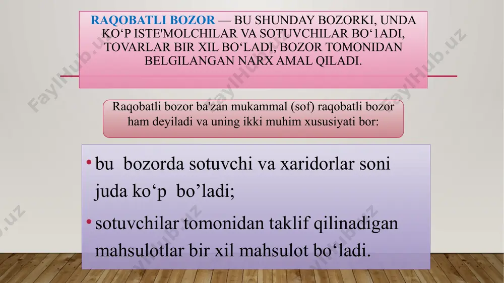 navbatida, ishlab chiqarilayotgan mahsulot turlarini kengaytiradi va uning sifatini sezilarli darajada yaxshilaydi; raqobatchi tomonlarning iste'molchilarning o'zgaruvchan talablariga tezkor munosabati... har qanday biznesning ma'lum bir sohasida doimiy talabga ega bo'lish uchun siz iste'mol bozoridagi o'zgarishlarni diqqat bilan kuzatib borishingiz kerak. iqtisodiyotidagi to'rtta asosiy bozor tuzilmalari: mukammal raqobat monopolistik raqobat oligopoliya monopoliya. mukammal raqobat: ko'plab xaridorlar va sotuvchilar mavjud bo'lgan va bitta xaridor yoki sotuvchi narxga ta'sir qilmaydigan bozor holati. narxlar bozordagi talab va taklifdan kelib chiqqan holda belgilanadi. 14 monopolistik raqobat - bu raqobatchilar o'xshash yoki bir-biridan farq qilishi mumkin bo'lgan mahsulot yoki xizmatlarni taqdim etadigan bozor modeli. ushbu modelda raqobatdosh kompaniyalar bir-biriga o'xshash, ammo mukammal o'rnini bosa olmaydigan mahsulotlarni sotadilar. 15 monopolistik raqobatning namunalari: kimyoviy tozalash ishlari bilan shig’ullanuvchilar barlar / tungi klublar qahvaxonalar oziq-ovqat do'konlari dorixonalar yoqilg'i quyish shoxobchalari mehmonxonalar uskuna / uy jihozlari do'konlari mebel do'konlari obodonlashtirish / maysazorlarga xizmat ko'rsatish avtomobillarni yuvish joylari avtomobillarga xizmat ko'rsatuvchi kompaniyalar …