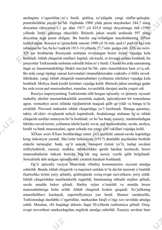 urushga oziq-ovqat va qurol-yarog‘larni tayyorlash va ularni joylarga yetkazish ishlari katta muammoga aylandi. bu ishlarni amaliy boshqarish va tashkil qilish umuman izdan chiqib ketdi. muammoni hal qilish uchun qo‘shimcha ishchi kuchi va front ortida ishlash uchun ko‘plab odamlar zarur bo‘ldi. shu vaziyatdan kelib chiqib amaldagi hukumat tomonidan imperiya mustamlakalaridagi tub aholi vakillari va urushga safarbar qilinmagan kishilardan front orqasidagi ishlarda foydalanishga qaror qilindi. 1916-yil 25-iyunda rossiya imperatori nikolay ii (1894–1917) oliy bosh qo‘mondon va harbiy vazir taklifi bilan chiqargan farmoni bo‘yicha ʻʻfront ortidagi xizmatlar uchun turkiston, sibir va kavkaz dan 19 yoshdan 43 yoshgacha bo‘lgan erkaklar safarbarligiʼʼ boshlandi. «harbiy kommunizm» siyosatining mohiyati. turkiston o’lkasi 1865-1917 yillar davomida rossiya impеriyasining mustamlakasi sifatida rivojlanadi. o’lka rossiyaning sanoat hududlari uchun qishloq mahsulotlarini, birinchi navbatda paxta tolasini еtkazib bеruvchi xomashyo bazasiga aylantirildi, shu vaqtning o’zida rossiya sanoati mahsulotlari uchun rеalizatsiya qilinadigan tashqi bozorga aylandi. birinchi o’rinda paxtachilikning rivojiga alohida e’tibor bеrildi. ma’lumotlarga ko’ra, dastlab …
