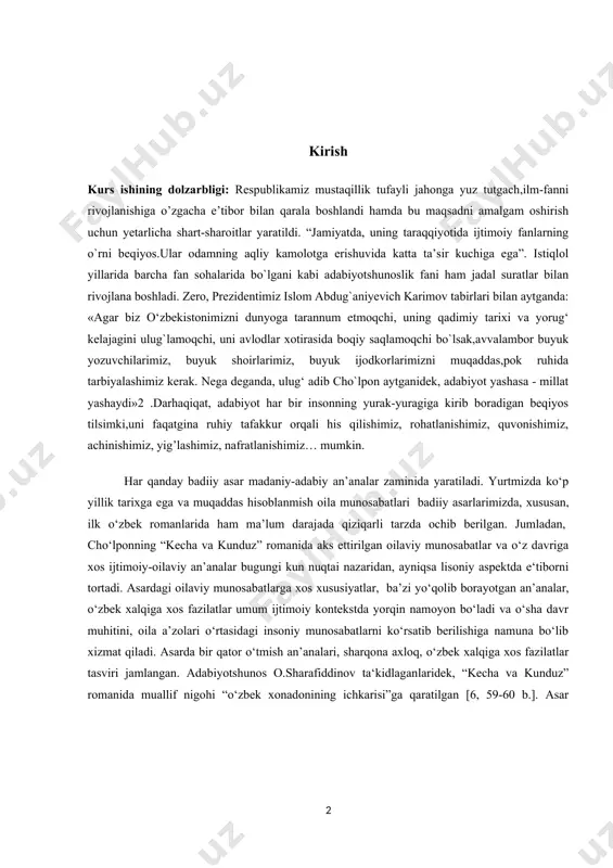 iy munosabatlar va o‘z davriga xos ijtimoiy-oilaviy an’analar bugungi kun nuqtai nazaridan, ayniqsa lisoniy aspektda e‘tiborni tortadi. asardagi oilaviy munosabatlarga xos xususiyatlar, ba’zi yo‘qolib borayotgan an’analar, o‘zbek xalqiga xos fazilatlar umum ijtimoiy kontekstda yorqin namoyon bo‘ladi va o‘sha davr muhitini, oila a’zolari o‘rtasidagi insoniy munosabatlarni ko‘rsatib berilishiga namuna bo‘lib xizmat qiladi. asarda bir qator o‘tmish an’analari, sharqona axloq, o‘zbek xalqiga xos fazilatlar tasviri jamlangan. adabiyotshunos o.sharafiddinov ta‘kidlaganlaridek, “kecha va kunduz” romanida muallif nigohi “o‘zbek xonadonining ichkarisi”ga qaratilgan [6, 59-60 b.]. asar matnidan biz o‘zbek xonadonlaridagi “yaqin moziyga xos” oilaviy-insoniy munosabatlariga, yuqorida aytilganidek, qator misollar keltirishimiz mumkin. kurs ishining maqsad va vazifalari: “kecha va kunduz” romanining psixologizminini o’rganish. yuqoridagi qo`yilgan maqsadga muvofiq ishda quydagi vazifalar bajarildi: -psixologizm haqida ma’lumot berish; - cho’lpon asarlaridagi psixologizm haqida ma’lumot berish; -“kecha va kunduz” romani psixologizmini roman qahramonlari misolida tahlil qilish; kurs ishining obyekti – cho`lponing “kecha va kunduz” romani tadqiqot obyektini tashkil etadi. kurs …