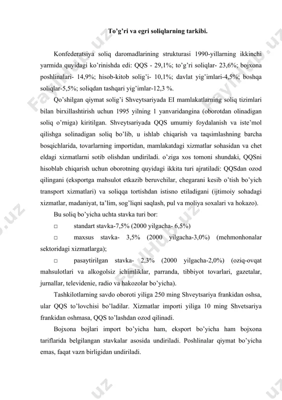 elgilangan). kantonlar va munitsipalitetlar stavkalarga daromad qaysi joyda olinganligiga bog’liq bo’lgan koeffitsentlar qo’llaydi. koeffitsentlar har yili siyosiy organlarning moliyaviy ehtiyojlariga muvofiq ravishda belgilanadi (jeneva kantonida 1,485 koeffitsenti belgilangan, munitsipal koeffitsenti esa -0,455). kantonlar o’z chegirmalarini belgilaydilar. masalan, jenava kantonida jismoniy shaxslardan olinadigan daromad solig’i stavkalari 0,25%dan 17,95%gacha oralig’ida belgilangan. foydaga solinadigan federal soliq esa progressiv soliq bo’lib, u uch darajali shkala bo’yicha undiriladi. soliqqa tortiladigan foydaning 4,0%dan ko’p daromad keltiradigan qismidan 3,63% miqdorida qo’shimcha soliq undiriladi. 4,84% miqdoridagi ikkinchi qo’shimcha soliq foydaning 8,0%dan ko’p daromad keltiradigan qismidan undiriladi. eng yuqori soliq stavkasi jamlama foydaning 9,8%idan oshishi mumkin emas. soliq bazasini aniqlash uchun umumiy daromaddan foyda olish bilan bog’liq bo’lgan barcha bevosita xarajatlar chegiriladi. uskunalarni ishlatiladigan holatda saqlashga, ma’muriy personalning ish haqiga qilingan sarf-xarajatlar, hom ashyo qiymati, zaxira fondlarini yaratishga yo’naltirilgan transfertlar chegirilishi mumkin. sarflar sotib olishdagi qiymat yoki bozordagi narx bo’yicha baholanadi. soliq solish maqsadlari uchun qiymatning 1/3 qismi chegirilishi …