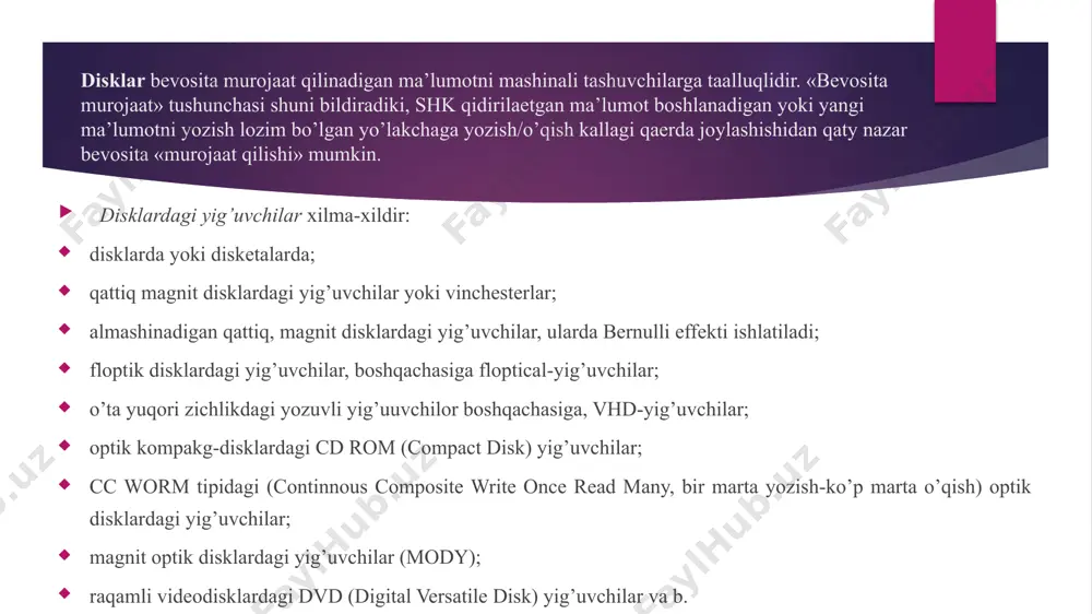 holatda diskning butun yuzasi bir nechta zonalarga bo’linadi, shu bilan birga sektorlarning tashqi zonalariga ichkisiga nisbatan ko’proq qiymatlar joylashadi. bu, xususan, qattiq disklarning sig’imini taxminan 30 % oshirish imkonini beradi. maksimal sig’im va qiymatlarni uzatish tezligi yig’uvchi ishlaydigan interfeysga bog’liqdir (diskli interfeyslar oldingi paragrafda ko’rib chiqilgan). standart aylanish tezligi masalan, eide interfeysi uchun - 3600, 4500 va 5400 ayl/min. processorning disk kesh-xotirasi bilan malumotlarni almashish tezligi 100 mbayt/s ga etishi mumkin. qattiq, magnit disklardagi yig’uvchilar birinchi qattiq magnit diskli yig’uvchi 45 yil ilgari paydo bo’lgan, uning hajmi 5 m bayt bo’lib, narxi 50 ming dollar atrofida va hajmi kiyim shkafidek bo’lgan. hddning bu birinchi avlodi 24 dyuymli (61 sm, sovet televizorlari kabi) diametrda 50 diskli plastinaga ega bo’lgan, aylanish tezligi 1200 ob/min va urtacha kirish vakti-1 sek bo’lgan. hozirgi kunda urtacha hdd odatda 95 mmli (notbuklar uchun bundan ham kichik) ikkita plastinaga ega, hajmi 120 gbayt, aylanish tezligi 7200 ob/min …