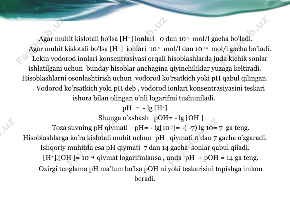 ytral toza suvda mavjud bo'lgan h + ionlari bilan o'zaro ta'sir qiladi. bu ularning konsentratsiyasining pasayishiga, ya'ni ph ning oshishiga olib keladi. masalan: naoη = na++ oh-; e++ oh-= z2o. подготовьте слайды для приложения, если необходимы дополнительные подробности или слайды. приложение также полезно, если презентация предназначена для распространения. 11 ph ni matematik aniqlash eritmaning ph qiymatini hisoblash uchun kationlarning molyar konsentratsiyasi to'g'risidagi ma'lumotlar talab qilinadi.+ yoki oo--anion. agar ular ma'lum bo'lsa, siz darhol formulalardan birini ishlatishingiz mumkin: pη = - lg [e+]. poη = -lg [oη-]. p + po = 14. elektrolitlar eritmasida ionning mol / l dagi kontsentratsiyasini tenglama bilan aniqlash oson: cm ion = cmˑαˑ⋅n, bu erda: bilanm ion va cm - mos ravishda ion va elektrolitlarning molyar kontsentratsiyasi (mol / l). a -dissosiatsiyalanish darajasi. n - faqat bitta elektrolit molekulasining parchalanishi paytida hosil bo'ladigan ko'rib chiqilayotgan turdagi ionlar soni. kuchsiz elektrolitlarning dissotsilanish darajasini ostvaldning suyultirish qonuni bilan …