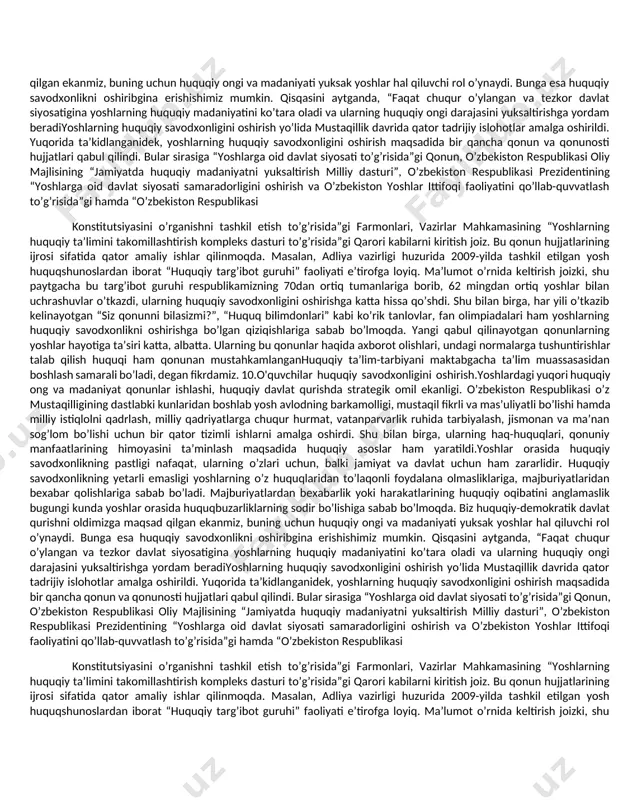 rgetikapsh misol sifatida koʻrsatish mumkin. barcha tadqiqotlarning (ilmiy uslubning) ajralmas qismidir, chunki bu muammoni belgilash uchun zarur bo'lgan protseduralar va texnikalarni tizimlashtirishga imkon beradi. 6.metodika nima.metod bu biror maqsadni amalga oshirish uchun foydalaniladigan yöl, usuldir.har bir fanni o'rganishda o'z metodi va uslublari bo'ladi.metadalogiyada qolgan barcha fanlarga aloqador bo'lgan o'rganish usullari ko'rib chiqiladi va tahlil qilinad 7.kreativ fikrlash nima. kreativlik [ijodiylik] qandaydir yuangi narsa betakror narsa yarata olish layoqati yangicha fikrlash orginal g'oya va yechimga olib keluvchi aqliy jarayon. 8.yuridik sohada kreativ fikrlash. .yuridik sohada kreativ fikrlash deganda huquqiy harakterdagi savollar yichimiga ijodiy iloji boricha yangicha yondashuv tushunchasi. 9.maktab talimida huquq fanini o'qitishning ahamiyati. yoshlardagi yuqori huquqiy ong va madaniyat qonunlar ishlashi, huquqiy davlat qurishda strategik omil ekanligi.o’zbekiston respublikasi o’z mustaqilligining dastlabki kunlaridan boshlab yosh avlodning barkamolligi, mustaqil fikrli va mas’uliyatli bo’lishi hamda milliy istiqlolni qadrlash, milliy qadriyatlarga chuqur hurmat, vatanparvarlik ruhida tarbiyalash, jismonan va ma’nan sog’lom bo’lishi uchun bir qator …