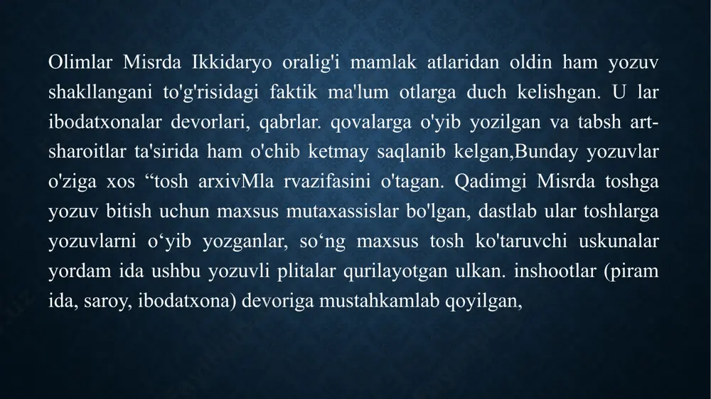 ichida eng qiziqarlisi alamarna yozishmalari va misr fir'avni ramzes ii ning xett podshosi xattusilem iii bilan tuzgan shartnomasi bo‘lib, u eramizgacha 1296 yilda imzolangan. amarnada (nilning o‘ng soxili, o‘rta misrda) aloxida arxiv tashkil qilingan bo‘lib, unda xviii sulola fir'avnlari amenxotep iii va uning o‘g‘li amenxotep iv ning xalqaro munosabatlariga oid hujjatlar saqlangan. (eramizgacha 2 ming yillik o‘rtalari xv-xiv asrlar). al-amarna arxivining ko‘p qismini fir'avnga qaram bo‘lgan suriyaliklar va falastinlik shaxzodalarning xatlari egallaydi. xatlarni mazmunini turli fikr almashishlar, tabriklar, nikoh xaqidagi kelishuvlar, harbiy yordam xaqidagi iltimoslar, tilla sovg‘alar va boshqalar tashkil qiladi. shu bilan birga xatlarda karvonlar jo‘natish haqidagi ma'lumotlar ham bor. al-amarna arxivida vavilonlik va mittaniyalik podsholarning amengxotep iii va amengxotep iv ga yozgan xatlari ham saqlanib qolgan. eramizgacha xiv asrda xett podsholigi kuchayib ketadi. unga qarshi misr, vavilon va mittani bir ittifoqqa birlashganlar. eramizgacha bo‘lgan xiv-xiii asrlar xett va misr o‘rtasidagi urushlarga to‘la davr bo‘lgan. urush ikki qarama-qarshi davlatni …