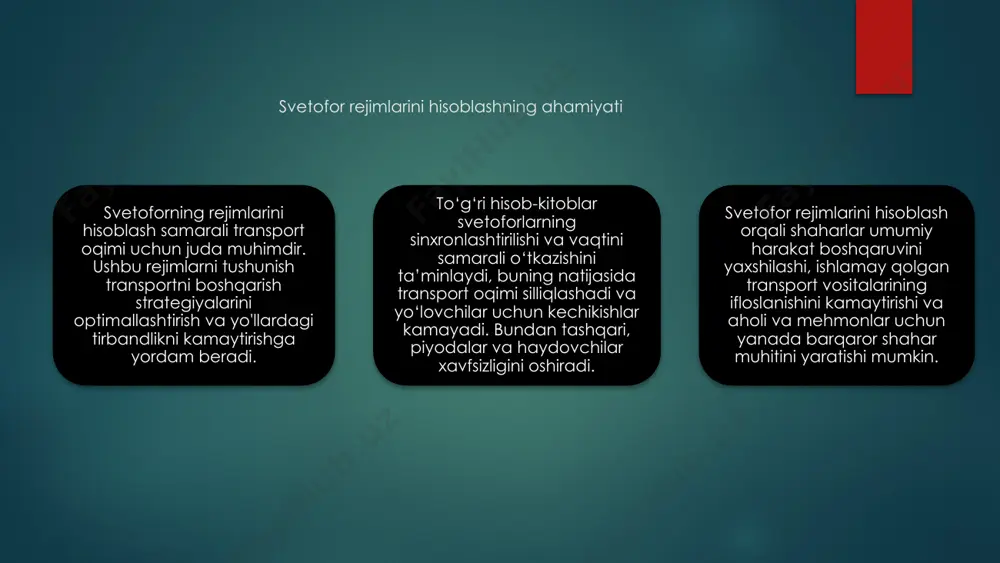 infratuzilmani o‘z ichiga olgan svetofor rejimlari real vaqt rejimida tirbandlikka javob berishi va piyodalar xavfsizligini birinchi o‘ringa qo‘yishi mumkin. svetoforni hisoblashning kelajagi shahar muhiti uchun xavfsizroq va samaraliroq transport tarmoqlarini yaratishga qaratilgan. foydalangan adabiyotlar 1.www.lex.uz 2.www.ziyo.uz 3.www.yuz.uz e'tiboringiz uchun rahmat image2.png image3.png image4.png image5.png