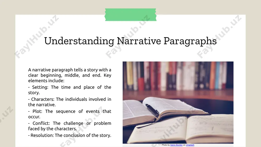 cial for engaging the reader. setting the setting establishes the time and place of the narrative. it creates the backdrop for the story and influences the mood and tone, enhancing the reader's immersion. plot the plot refers to the sequence of events that unfold in the narrative. it includes the introduction, rising action, climax, falling action, and conclusion, guiding the reader through the story. conflict conflict is the central challenge or problem faced by the characters. it creates tension and drives the narrative forward, making it essential for an engaging story. resolution resolution is the conclusion of the narrative where conflicts are resolved. it provides closure to the story, allowing readers to reflect on the journey and outcomes. title: example of an engaging narrative paragraph narrative paragraph: the sun dipped below the horizon, painting the sky in hues of orange and pink, as sarah hurried down the narrow path. she …