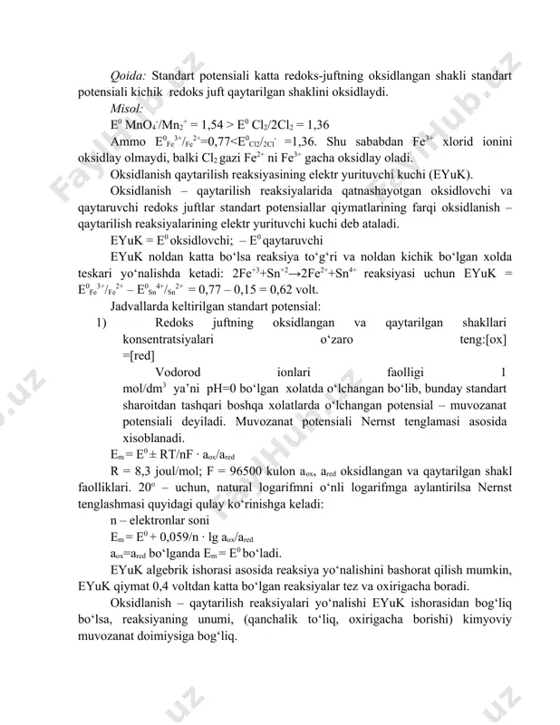 massasini iodimetrik usulda aniqlash. na2s + j2 → 2naj + s↓ j2 + 2na2s2o3 → 2naj + na2s4o6 qoldiq. mahsulotni titrlash usuli. aniqlanuvchi moddaga birorta reagent eritmasidan qo’shiladi, ajralib chiqqan mahsulotni titrant bilan titrlanadi. usulda oksidlanish – qaytarilish xossasini namoyon etuvchi va etmaydigan moddalar miqdori aniqlanadi. masalan: 1. h2o2 massasini yodometrik usulda aniqlash. h2o2 + 2kj + h2so4 → k2so4 + j2 + 2h2o mahsulot 2j- - 2e → j2 h2o2 + 2h+ + 2e → 2h2o e h2o2 = m/2 j2 + 2na2s2o3 → 2naj + na2s4o6 2.oksidlanish–qaytarilish reaksiyalarining muvozanat doimiysi. muvozanat potensiali qiymatiga ph ning ta’siri. oksidlanish - qaytarilish reaksiyalarini tezligi va yo’nalishi elektr yurituvchi kuch – (eyuk) ning kattaligiga bog’liq. shuning uchun muvozanat potensialining qiymati oksidlanish–qaytarilish reaksiyasining eyuk ga bog’liq bo’ladi. oksidlanish - qaytarilish reaksiyalarining muvozanat doimiysining tenglamasini eyuk bilan bog’liqligini quyidagi reaksiya misolida keltirib chiqaramiz. mno-4 + 5fe+2 + 8h+ = mn+2 + 5fe+3 + 4h2o …