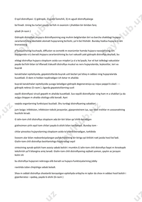 i paydo bo'lish m exanizm i jihatidan bir-biridan farq qiladi (4-rasm ) gidropik distrofiya. hujayra distrofiyasining eng muhim belgilaridan biri va barcha shakldagi hujayra zararlanishining dastlabki alomati hujayraning bo'kishi, ya’ni bo'rtishidir. bunday hodisa hujayra m em branasining o'tkazuvchanligi kuchayib, diffuzion va osmotik m exanizmlar hamda hujayra nasoslarining ishi buzilganida ro‘y beradi.hujayra zararlanishining bu turi vakuolli yoki gidropik distrofiya deyiladi, bu xildagi distrofiya hujayra sitoplazm asida suv miqdori ju d a ko'payib, har xil kat talikdagi vakuolalar paydo bo'lishi bilan ta’riflanadi.vakuolli distrofiya muskul va nerv hujayralarida, leykositlar, teri va buyrak kanalchalari epiteliysida, gepatotsitlarda buyrak usti bezlari po'stloq m oddasi ning hujayralarida kuzatiladi. o dam ni holdan toydiradigan ich ketar m ahalida buyrak kanalchalari epiteliysida yuzaga keladigan gidropik degeneratsiya ay niqsa yaqqol b olad i — gidropik nekroz (5-rasm ). jigarda gepatotsitlarning suvli oqsilli distrofiyasi virusli gepatit m ahalida kuzatiladi. suv-oqsilli distrofiyalar ning ham m a shakllari ju da avjiga chiqqan m …