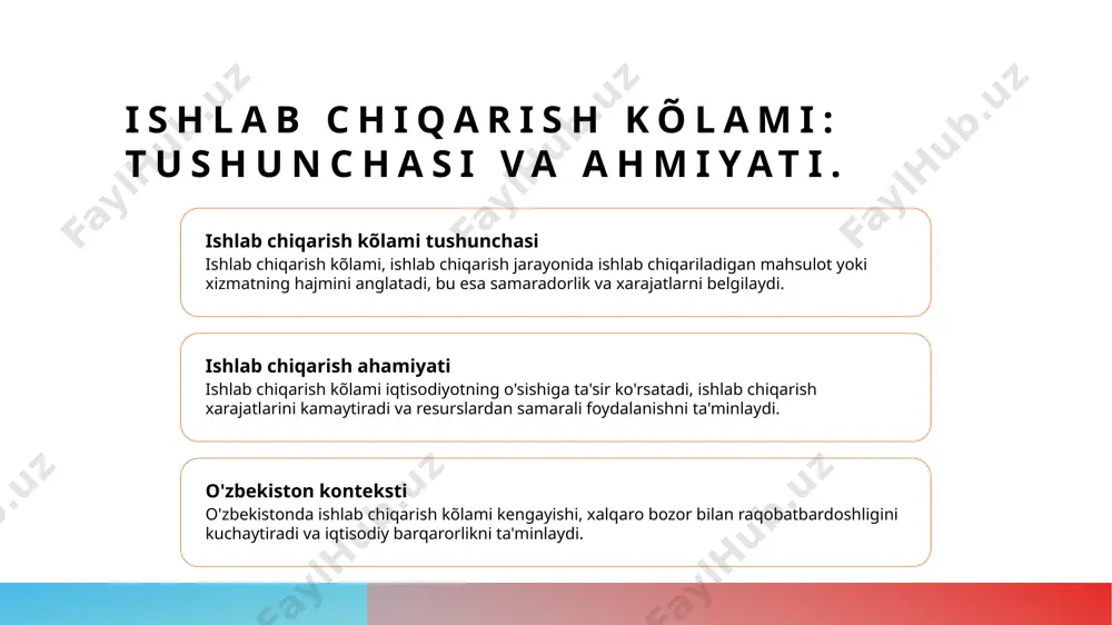 ega. samaradorlikni o'lchashda turli metodologiyalar, masalan, benchmarking va statistik tahlil qo'llaniladi. bu metodologiyalar natijalarni yaxshilash va raqobatbardoshlikni oshirishga yordam beradi. o'zbekiston iqtisodiyotida ishlab chiqarish sohasining rivojlanish tendensiyalari. 1 ishlab chiqarish o'sishi o'zbekistonda ishlab chiqarish sohasidagi o'sish, iqtisodiy islohotlar va investitsiya faoliyatlari orqali kuzatilmoqda, bu esa yangi imkoniyatlar yaratmoqda. 2 innovatsion texnologiyalar innovatsion texnologiyalar joriy etilishi orqali ishlab chiqarish jarayonlari samaradorligi oshmoqda, bu esa yuqori sifat va raqobatbardoshlikni ta'minlaydi. 3 global bozor integratsiyasi o'zbekiston ishlab chiqarish sohasining global bozorga integratsiyasi, eksport salohiyatini oshirish va xalqaro hamkorlikni rivojlantirishga qaratilgan strategiyalar orqali amalga oshirilmoqda. ishlab chiqarishning samaradorligini oshirish uchun innovatsion yechimlar. innovatsion texnologiyalar raqamli transformatsiya barqaror rivojlanish innovatsion texnologiyalar ishlab chiqarish jarayonini avtomatlashtirish va optimallashtirish orqali samaradorlikni oshirishda muhim rol o'ynaydi. raqamli transformatsiya orqali ma'lumotlarni tahlil qilish va real vaqt rejimida monitoring qilish, ishlab chiqarish jarayonlarini yanada samarali boshqarishga yordam beradi. barqaror rivojlanish strategiyalari energiya tejamkorligi va resurslardan oqilona foydalanishni ta'minlab, ishlab chiqarish …