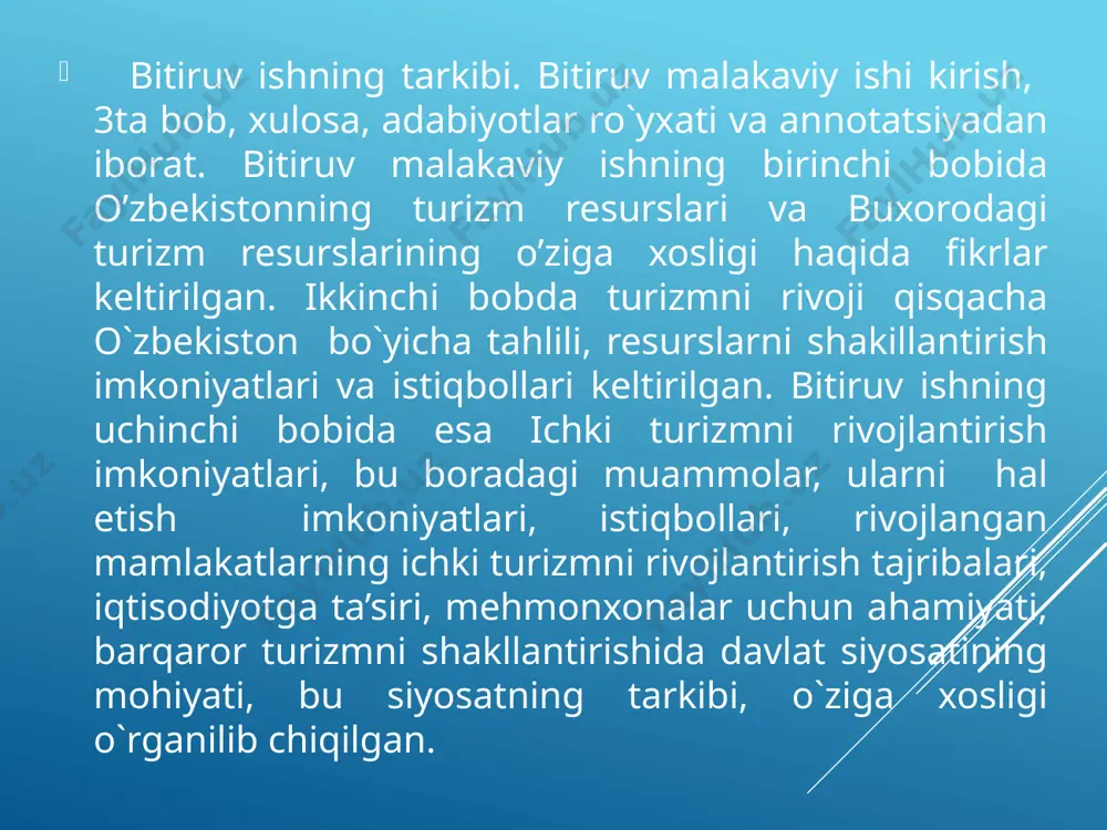 2016, 144 bet turistik industriyasining asosiy ko'rsatkichlari 2012 turistik firma va tashkilotrar tomonidan mex. va shunga o'xshash joy. vositalar soni sanatoriya-kurort muas.tomonidan dam olish tash. va bazalar tomonidan tashrif buyuruvchilar soni 511596 1189593 256971 215720 6027685 2013 turistik firma va tashkilotrar tomonidan mex. va shunga o'xshash joy. vositalar soni sanatoriya-kurort muas.tomonidan dam olish tash. va bazalar tomonidan tashrif buyuruvchilar soni 505395 1216424 265516 252035 6587494 2014 turistik firma va tashkilotrar tomonidan mex. va shunga o'xshash joy. vositalar soni sanatoriya-kurort muas.tomonidan dam olish tash. va bazalar tomonidan tashrif buyuruvchilar soni 514107 1271951 291602 264587 6219271 2015 turistik firma va tashkilotrar tomonidan mex. va shunga o'xshash joy. vositalar soni sanatoriya-kurort muas.tomonidan da m olish tash. va bazalar tomonidan tashrif buyuruvchilar soni 560406 1325240 310241 7176204 manba:o’zbekiston respublikasi davlat statistika qo’mitasi, “o’zbekistonda turizm 2016”, tosh. 2016, 144 bet ichki turizm turlari bo'yicha tahlil 2012 tur. fi. va tash. tomonidan mehmonxona va shunga o'xshash …