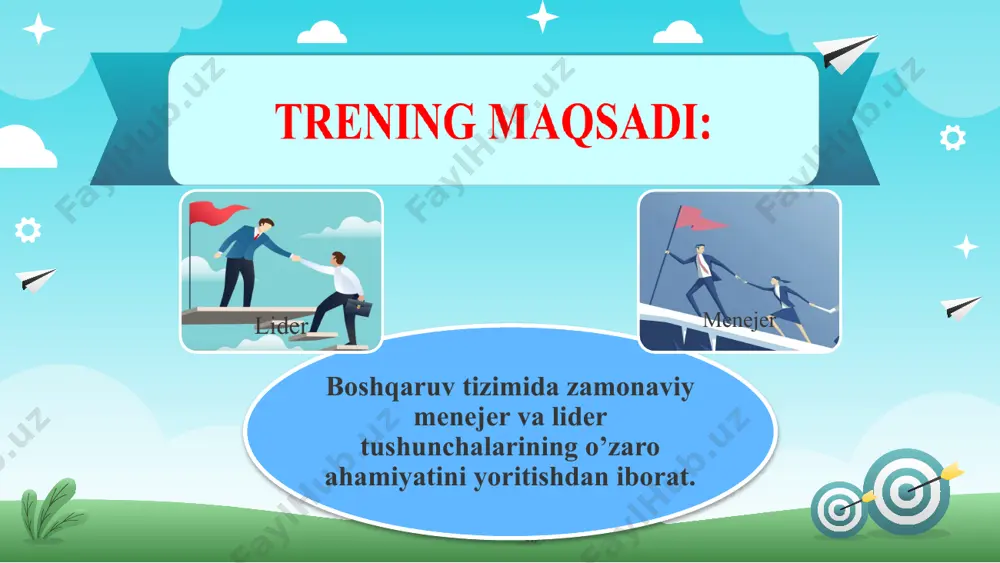nejer inavator har bir menejer o’ziga xos boshqaruv uslubiga ega uslub - bu ishlash, boshqarishdagi o’ziga xos yo’l, usul ma’nosini anglatadi. shu nuqtai nazardan quyidagi tushunchalarni ajrata bilish lozim: boshqaruv uslubi ish uslubi rahbarning ish uslubi boshqaruv uslubi honest communication ish uslubi bu boshqaruv funksiyalarini samarali bajarish maqsadida biror-bir organning yoki rahbarning bo’ysunuvchilarga aniq va nisbatan barqaror ta’sir ko’rsatish usuli va yo’llari majmui. bu boshqaruv jarayonida yuzaga chiqadigan muammolarni hal qilish usullari, yo’llari majmui. liderlikning “liderlik kapitali” va “liderlik shartlari” deb atalgan ikki asosini ko‘rib chiqamiz. liderlik kapitali - bu lideming o‘z atrofdagilami samarali ergashtira olish uchun kerak bo’ladigan sifatlari va iste’dodi yig‘indisidir. bular shaxsga tug‘ilganidayoq beriladigan boshlang‘ich, qayta ishlanilgan, tabiatan ato qilingan qobiliyat va iste’doddir. xuddi shuningdek, mutaxassislaming e’tirof etishlaricha, liderlik qobiliyati - liderlik shartlari paydo bo‘lib, uni uyg‘otmagunicha (ta’sir etmagunicha) “uxlab” yotadi. bu shartlar xuddi katalizatordek insonlarga shunday sharoitlami taqdim etadi-ki, natijada ular o‘zlarini lider sifatida yaqqol namoyon …