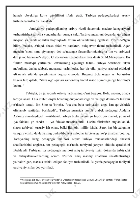 kllаntirishgа yo‘nаltirilgаn, mаxsus tаshkil etilgаn fаoliyаt tushunilаdi. bu yerdа pedаgoglаr fаoliyаti tаrbiyаviy ishlаr deb yuritilаdi. tarbiya nazariyasining mohiyati. tarbiya nazariyasi pedagogika fanining muhim tarkibiy qismi bo‘lib, tarbiyaviy jarayonning mazmuni,shakl, metod, vosita va usullari hamda uni tashkil etish muammolarini o‘rganadi. hayotga yangicha siyosiy va iqtisodiy nuqtayi nazardanyondashish o‘sib kelayotgan yosh avlod tarbiyasi bilan bog‘liq jarayonni ham qaytadan ko‘rib chiqishni taqozo etmoqda. tarbiya tamoyillari. tarbiya tamoyillari tarbiyani amalga oshirish qoidalari bo'lib, ular asosida nazariyalar ishlab chiqiladi va tarbiyaning shakl mеtod va vositalari amalga oshiriladi; — tarbiya inson o'zini ijtimoiylashuv sub'еkti sifatida his qilishi, uz sub'еktivligining namoyon qilishi va taraqqiy etishi uchun sharoit yaratadi; — tarbiya inson uchun jamiyatga moslashuv darajasini ishlab chiqishga imkoniyat yaratadi; — tarbiya insonni turli yosh bosqichlarida turli xavflar bilan to'qnash kеlishiga yo'l qo‘ymasligi yoki insonning ijtimoiylash uv qurboniga aylanish ehtimolini kamaytirishi mumkin. sharoitlarga mos qilib isloh qilish uchun sharoitlar yaratilishi kabilar bilan izohlash mumkin. ijtimoiy tarbiyaning jamoaviyligi tamoyili. …