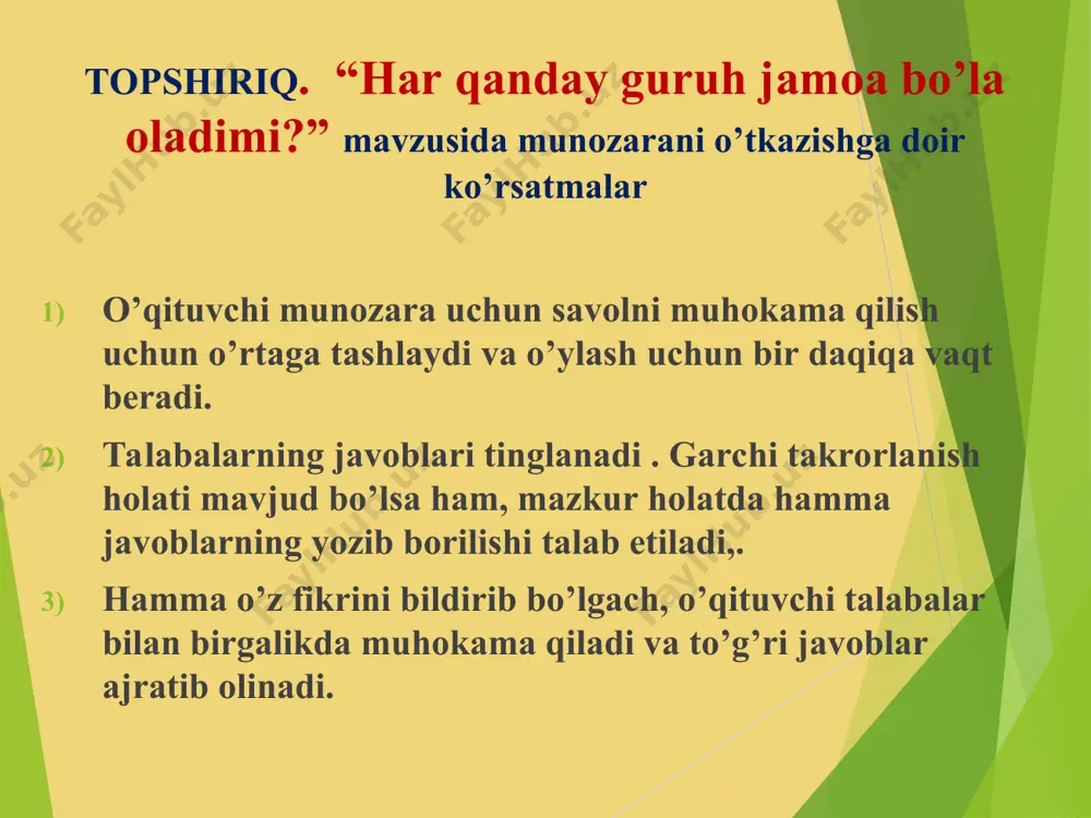 t qilish. 5. o’quvchilarning shaxsiy salohiyatining rivojlanishi uchun sinfda maqbul ta’lim-tarbiya jarayonini tashkil etish. 6. mazkur guruhda dars beradigan o’qituvchilar ishini muvofiqlashtirish. 7. maktab jamoasidan zarur pedagogik yordam olish. 8. ota-onalar bilan aloqa o’rnatish va ularga tarbiyaviy ishda yordam berish. 9.bolalar bilan indiviudal ishlash tartibini aniqlashtirish. 10. “kichik pedkengash”, pedagogik konsilium, mavzuli va boshqa tadbirlar o’tkazish orqali guruh o’quvchilari bilan tarbiyaviy ishlarni tashkil etish. guruh rahbarining huquqlari guruh rahbarining majburiyatlari * e’tiboringiz uchun rahmat!