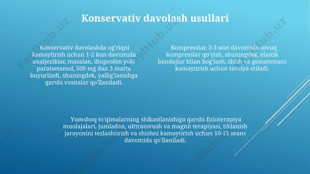 dan hisoblanadi. yumshoq to'qimalarning yopiq shikastlanishlarining 60% dan ortig'i to'g'ridan-to'g'ri mexanik ta'sir, masalan, zarbalar, siqilishlar va burkishlar natijasida kelib chiqadi, bu esa to'qimalarning mikro va makroskopik yirtilishiga olib keladi. keng ko'lamli gematomalar va shishlar, kapillyarlarning 30-50% shikastlanishi natijasida, to'qimalarda qon aylanishining buzilishiga va qo'shimcha to'qima nekrozi xavfiga olib kelishi mumkin. tashxis qo'yish usullari magnit-rezonans tomografiya (mrt) yumshoq to'qimalarning chuqur yotgan tuzilmalarining, mushaklarning, ligamentlarning va tendonlarning shikastlanishini batafsil tasvirlash imkonini beradi, bu esa tashxisning aniqligini 95% gacha oshiradi. yumshoq to'qimalarning yopiq shikastlanishlarini tashxislashda bemorning anamnezi (30% gacha) va fizik tekshiruv (70% gacha) muhim ahamiyatga ega bo'lib, og'riqning lokalizatsiyasi, intensivligi va xarakteri aniqlanadi. ultratovush tekshiruvi (usg) yumshoq to'qimalarning yopiq shikastlanishlarini, shuningdek, gematoma, shish va yiringli yallig'lanish kabi patologiyalarni aniqlashda yuqori aniqlik bilan (90% dan ortiq) ta'minlaydi. adabiyotlar yumshoq to'qimalarning yopiq shikastlanishlari bo'yicha 100 dan ortiq ilmiy maqola va monografiyalar mavjud bo'lib, ularning 25 foizi diagnostika va davolashning zamonaviy usullariga bag'ishlangan. "jarrohlik amaliyoti" …