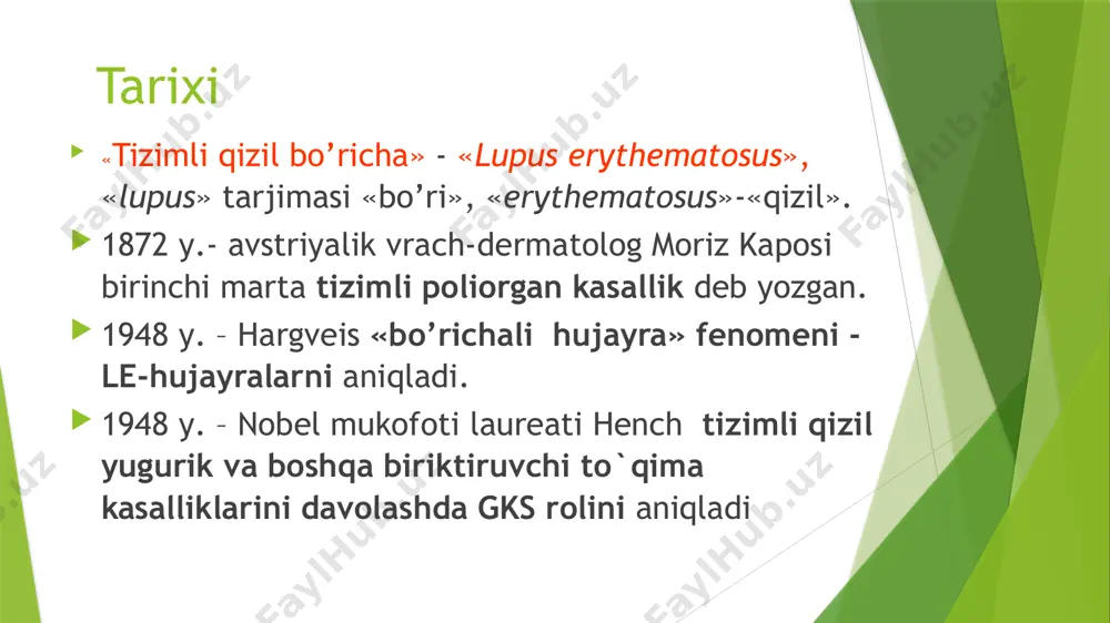 za– 1-1,5mg/kg; b)puls-terapiya metilprednizolon (500-1000 mg № 3) 2.sitotatiklar а) siklofasfan 2-2,5 mg/kg/sut. per os yoki 200-400 mg/hafta/m,o б) azatioprin 2-2,5 mg/kg/sut. – siklofasfan qabul qilishi iloji bo’lmaganda 3. nyqv 4. antikoagulyantlar enoksiparin (kleksan) varfarin 2,5-5 mg kuniga. 5. antiagregantlar kurantil 6. plazmoferez e’tiboringiz uchun raxmat! image1.jpeg image2.jpeg image3.jpeg image4.png image5.jpeg image6.jpeg image7.jpeg image8.jpeg image9.jpeg image10.jpeg image11.jpeg image12.jpeg image13.jpeg image14.jpeg image15.jpeg image16.jpeg image17.jpeg image18.png image19.png image20.jpeg image21.jpeg image22.jpeg image23.jpeg image24.jpeg 07-08-0073 99-08-0017 systemic lupus erythematosus: photosensitive erythematosus rash, upper back 99-08-0024 /docprops/thumbnail.jpeg