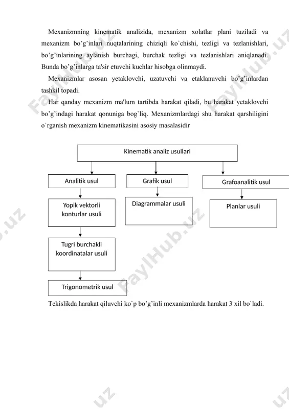 i. 2. mexanizmlarni turli xolatlardagi planlarini chizish. 3. tekis mexanizm bo’g’in nuqtalarining tezlik va tezlanishlarini topish 4. kinematik diagrammalar yordamida mexanizmlar harakatini o`rganish. mexanizmning kinematik analizida, mexanizm xolatlar plani tuziladi va mexanizm bo’g’inlari nuqtalarining chiziqli ko`chishi, tezligi va tezlanishlari, bo’g’inlarining aylanish burchagi, burchak tezligi va tezlanishlari aniqlanadi. bunda bo’g’inlarga ta'sir etuvchi kuchlar hisobga olinmaydi. mexanizmlar asosan yetaklovchi, uzatuvchi va etaklanuvchi bo’g’inlardan tashkil topadi. har qanday mexanizm ma'lum tartibda harakat qiladi, bu harakat yetaklovchi bo’g’indagi harakat qonuniga bog`liq. mexanizmlardagi shu harakat qarshiligini o`rganish mexanizm kinematikasini asosiy masalasidir tekislikda harakat qiluvchi ko`p bo’g’inli mexanizmlarda harakat 3 xil bo`ladi. misol uchun 4 bo’g’inli sharnirli mexanizmni ko`rib chiqamiz. bu bo’g’inlar nomlari: o1o2-qo`zg’almas bo’g’in (o) o1a-krivoship (2), ab-shatun (3) o2b-koromislo(4). krivoshipni oniy aylanish markazi o1 nuqtada yotadi, uni r21 bilan belgilaymiz va absolyut oniy markaz deymiz. shunga o`xshash 4-bo’g’inli absolyut oniy aylanish markazi o2 nuqta bo`lib, uni r41 deb belgilaymiz. bu erda 2-chi va 4-chi …