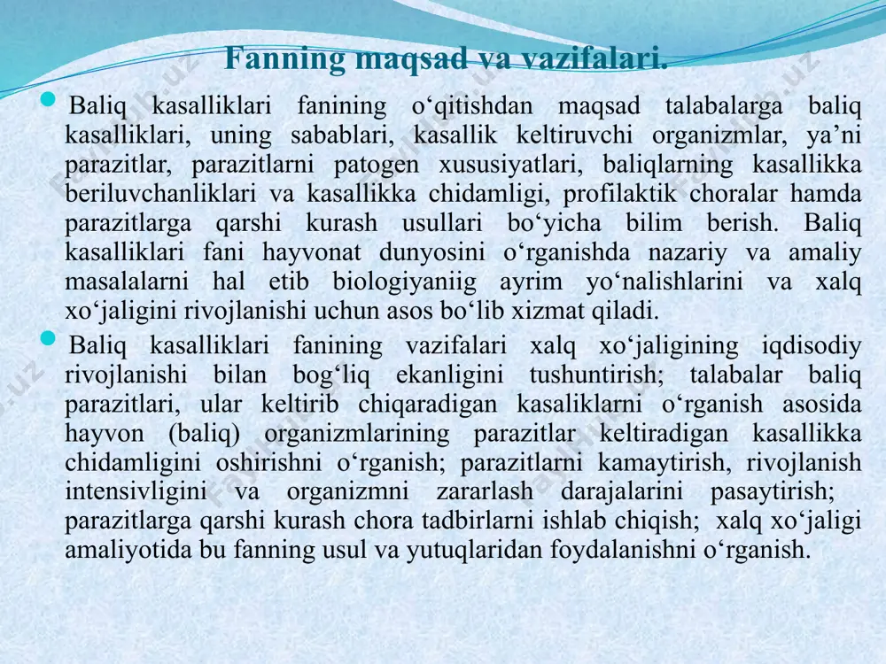 vaqtda bu maqsadida samarali ta’sir ko‘rsatuvchi ammiakli hammomlar usulidan foydalanish ishlab chiqilgan. bundan bir necha o‘n yilliklar oldin baliqlar qoni tarkibida, ichak, tog‘ay to‘qimalari va boshqa organlarida kasallik qo‘zg‘atuvchilarni yo‘qotish usullari yaratilgan. bu yo‘nalishda v.a.dogel va a.v.uspenskiylarning losossimon baliqlar kasalliklarini o‘rganish, a.i.kanaeva tomonidan baliqlarda kariofillyoz kasalligining o‘rganilishi, v.a.musselius tomonidan karp baliqlarida botriotsefalyoz kasalligining o‘rganilishi, a.i.naumov tomonidan karp va boshqa turdagi baliqlarda sangvinikolyoz kasalligining o‘rganilishi kabi tadqiqotlarni alohida ko‘rsatib o‘tish mumkin. baliqlarda qizilcha kasalligini davolash va oldini olish yo‘nalishida turli xil antibiotiklardan foydalanish katta ahamiyatga ega ekanligi qayd qilingan (v.sheperklyaus, a.i.kanaev, yu.d.nechiporenk, o.n.bauer va boshqalar). shuningdek, ayrim baliq kasalliklariga qarshi kurash yo‘nalishida sezilarli yutuqlar qo‘lga kiritilgan. ushbu nuqtai nazardan v.a.musselius tomonidan amalga oshirilgan karp baliqlarida botriotsefalyoz kasalligini davolashga qaratilgan izlanishlar, a.p.щerbina tomonidan karp baliqlarida qizilchani davolash, i.g.щupakova tomonidan ixtioftroioz kasalligini davolashga qaratilgan tadqiqotlar, o.p.kulakovskiy tomonidan kariofillidga qarshi, m.n.dubinin tomonidan ligula va digrammaga qarshi, b.e.bыxovskiy tomonidan monogenetik so‘ruvchilarga qarshi, s.s.shulman tomonidan sodda …