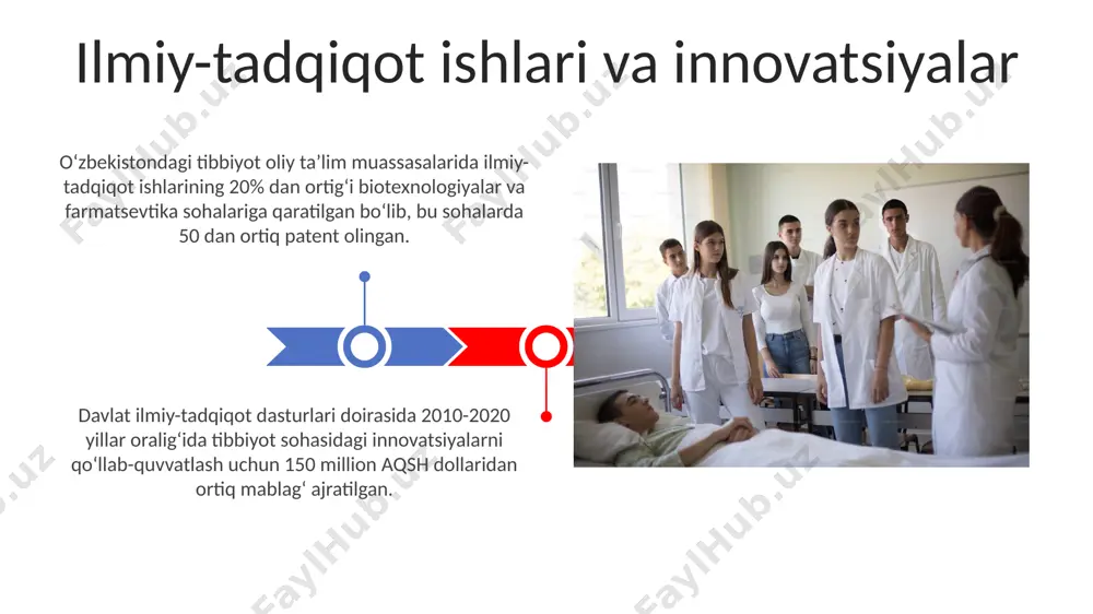 larining tashkil etilishi va ixtisoslashuvi oʻquv dasturlari va oʻqitish uslublarining takomillashuvi tibbiyot oliy ta’limining amaliy yoʻnalishi kuchayib, klinik ta’limning ulushi 60% dan oshdi, simulyatsion texnologiyalar va virtual laboratoriyalar joriy etildi. oʻquv dasturlariga xalqaro standartlar, masalan, ects kredit tizimi va bologna jarayoni talablariga muvofiqlashtirish boʻyicha 2010-yildan keyin sezilarli yutuqlar kuzatildi. kelajakdagi istiqbollar va rivojlanish yoʻnalishlari keyingi 5 yilda 10 ta yangi ixtisoslashgan tibbiyot markazlarini ochish va 5000 dan ortiq yuqori malakali mutaxassislarni tayyorlash maqsad qilingan. xalqaro hamkorlikni kuchaytirish orqali, 2025 yilgacha 15 ta xorijiy universitet bilan qo'shma dasturlarni yo'lga qo'yish va talabalarning almashinuvi sonini 2 barobar oshirish rejalashtirilmoqda. xalqaro hamkorlik va almashinuv tibbiyot sohasidagi 30 dan ziyod xorijiy universitetlar bilan oʻzaro tajriba almashish va qoʻshma ilmiy tadqiqotlar olib borish boʻyicha faol hamkorlik mavjud, bu yuqori malakali mutaxassislar tayyorlashga yordam beradi. jahon sogʻliqni saqlash tashkiloti (jsst) bilan hamkorlikda 10 dan ortiq qoʻshma loyihalar amalga oshirildi, ularning natijasi sifatida tibbiy taʼlimning xalqaro standartlarga …