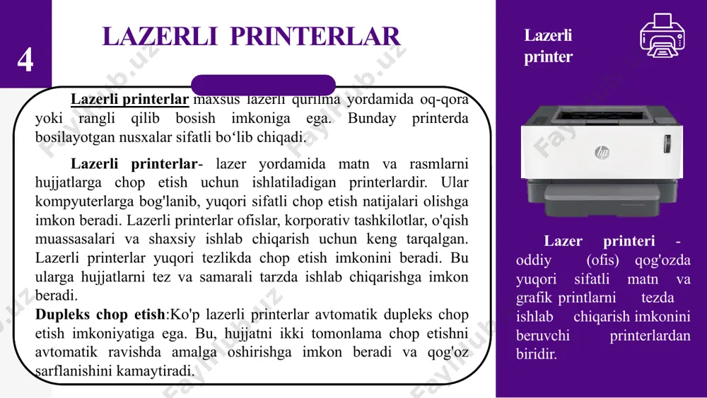 m xususiyatlarga ega bo’ladi. 12 qog'oz tepsisi lazerli printerning ishlash xususiyatlari 1 3 5 6 4 2 7 ma’lumotlarni qayta ishlash ulanish tonerni mustahkamlash rasterizatsiya lazerli skanerlash toner qo‘yish formatlash chiqarish lazerli printerlar hujjatlarni lazerli printerda bosmadan jarayoni quyidagi bosqichlardan iborat: 13 printerni kompyuterga o‘rnatish kompyuterga printerni o'rnatish jarayoni uch bosqichga bo'linadi: printerni quvvat manbaiga ulang printerni kompyuterga ulang drayverni o'rnating 14 printerni kompyuterga o‘rnatish usb ulagich 15 printerlar printerlarlarning turlari va ularning xususiyatlari printer — kompyuterda matn yoki grafik (rasm, sxema) tarzidagi maʼlumot- larni qogʻozga chiqarish (chop qilish) uchun moʻljallangan bosish qurilmasi. maʼlumotlar qogʻozga (baʼzan, plyon- kaga) oq-qora yoki rangli tarzda chop qilinishi mumkin. shu jihatdan printerlar bir-biridan farq qiladi. ularning koʻp turlari mavjud, lekin matritsali, purkagichli va lazerli turlari keng tarqalgan. savollar? printerlarning qanday turlari bor? lazerli printerlar qanday xususiyatlarga ega? oqimli printerlar qanday xususiyatlarga ega? oqimli printerlarda naychalar soni nechtagacha bo’ladi? matritsali printerlar nechtagacha ignalar bilan jihozlangan …