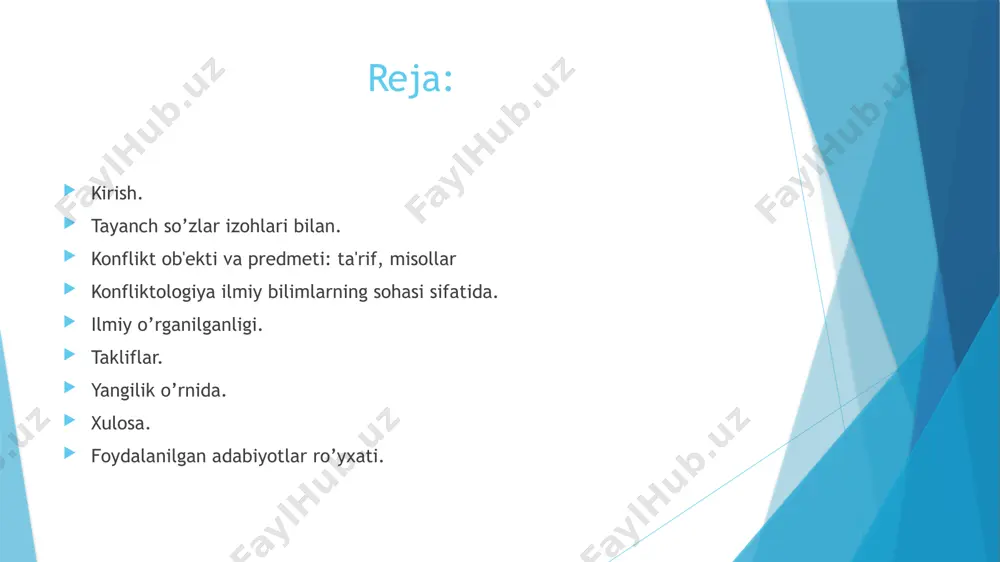 ’ruzalarni tushuntirishida yaqqol ko’zga tashlanadi. o’qituvchi ta’lim tarbiya jarayonini o’rgatish bilan birgalikda, tinglovchilarni ham jonli muloqotga chorlay olishi, tinglovchilarni mustaqil fikrlarini tinglay olishi, o’qituvchi va o’quvchi o’rtasidagi samimiy munosabtni ochiq ko’ngillilikni, mehr-oqibatni, hurmat-izzat asosiy maqsadga erishish uchun hamkorlik lozim. pedagog guruh bilan ishlashda guruhdagi har bir o’quvchini temperamenti, xarakter qobiliyati, ruhiyati, oilaviy muhiti, hulq-atvorini, bilim saviyasini o’rganib, shunga qarab har bir o’quvchiga qanday yondashishni o’rganishi lozimdir. konfliktologiya fani pedagogika, psixoloya, valelogiya, umumiy pedagogika, ma’naviyat va sotsiologiya fanlari bilan bevosita bog’liq va shu fanlar bilan birgalikda hamkorlikda ish olib boradi va o’quvchilarni har tomonlama tarbiyalaydi. pedagogika fani ta’lim va tarbiya jarayonida o’rganadi. shunday ekan bevosita biz konfliktologiya fani orqali ta’lim tarbiya jarayonidagi o’qituvchi va o’quvchi o’rtasidagi munosabatlarini ziddiyatlarni o’rganamiz. konfliktologiya pedagogika fanlari bir-birini to’ldirib boradi. psixologiya kursida biz psixik jarayonlar psixologik holatlar shaxsning individual xususiyatlarini o’rganadi. pedagog psixoloiya kursini mukammal darajada o’zlashtirgan bo’lsa, o’qituvchi va o’quvchi o’rtasidagi konfliktlar mutloqa bartaraf etilar …