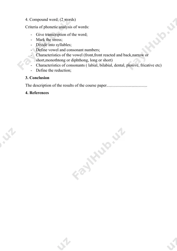 of phonetics” henry sweet. the subject matter of this course paper generally related to the phonological aspect. the contents of this course paper includes following issues: indroduction, two chapters, conclusion , and reference list. introduction provides with brief information about whole course paper and includes the problems that are going to research and discuss in the project. moreover, this course paper points out the aim of this research, tasks of the work, theoretical value, practical value and other peculiarities and features of the course paper. chapter 1 focus on the general information about the topic we are given, which is “the london phonological school”. chapter 2 activities based on the topic. phonetic and phonological analysis of the words from the literary work you have read. in the conclusion the results of our research carried out on a common topic a summed up and conclusions are formulated. the reference list presents …