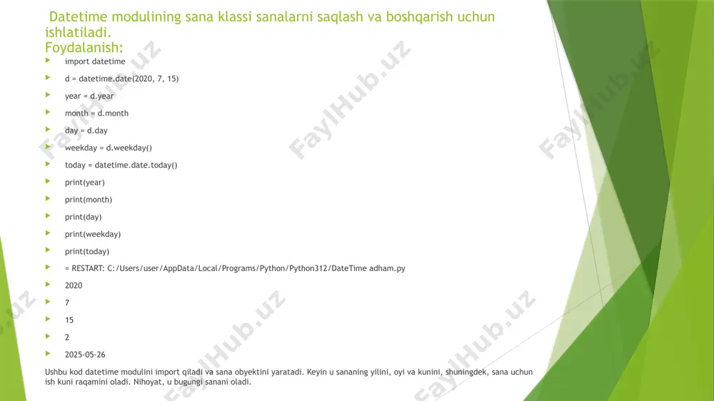 dali bo‘ladi. 3.tizim vaqti sifatida ishlatish: gmtime() va localtime() funksiyalari orqali siz hozirgi tizim vaqti (gmt) yoki lokal vaqtni olasiz. 4.sana va vaqtning ko‘rsatilishi: ctime() funksiyasi sizga belgilangan vaqtga oid so‘zli sana va vaqtni qaytaradi. 5.vaqtni aniqlash: time() funksiyasi orqali o‘zgaruvchiga tizim vaqtni yozishingiz mumkin va uni davom etar ekaningizda vaqt o‘zgarib ketadi. endi time modulida oid misollar korib chiqamiz. pythonning time moduli, operatsion tizim bilan ishlashda vaqt bilan bog‘liq vazifalarni bajarishda yordam beradi. bu modul orqali siz tizim vaqti sifatida, belgilangan vaqtga oid operatsiyalarni bajarishingiz mumkin. 1.time(): bu funksiya joriy tizim vaqtni (unix epoxa sanasiga qarab) qaytaradi. misol: import time print("joriy tizim vaqti:", time.time()) = restart: c:/users/user/appdata/local/programs/python/python312/adham vaqt bn ishlash.py joriy tizim vaqti: 1716720387.5155666 ushbu kod boshlanish sanasi (bu holda joriy sana) va tugash sanasi (bu holda, boshlanish sanasidan boshlab 5 kun) o‘rtasidagi sanalar ro‘yxatini yaratadi import datetime start_date = datetime.date.today() end_date = start_date + datetime.timedelta(days=5) date_range = [start_date …