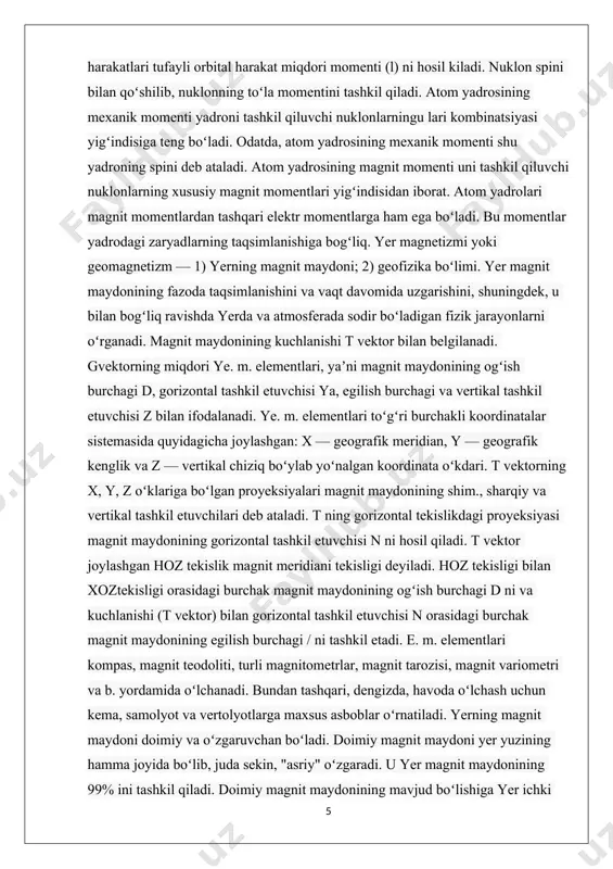 arni buzadi. kosmosda oʻtkazilgan i. t.lar yer magnit maydoni koʻp miqdorda katta energiyali elektron va protonlarni qamrab olganligini koʻrsatadi hamda ularning energiyasi va konsentratsiyasi yerdan uzoqdagi geomagnit kenglikka qarab oʻzgaradi. yer goʻyo magnit maydoni bilan qamrab olingan ulkan radiatsion mintaqa bilan oʻralganday koʻrinadi. ichki mintaqa 45° kenglik bilan chegaralanib, yer sathidan 500—5000 km uzoqlikda joylashgan. tashqi mintaqa 12000—32000 km balandlikda. geomagnit maydonining variatsiyalari davriy va davriy boʻlmagan xillarga boʻlinadi. davriy variatsiyalarga yillik, sutkalik variatsiyalar kiradi. davriy boʻlmagan variatsiyalarga qisqa vaqtli kuchli magnit boʻronlari, toʻlqinlari kiradi. bu variatsiyalar, asosan, toʻsatdan, tartibsiz ravishda roʻy beradi. magnit toʻlqinlaridan hosil boʻladigan variatsiyalar, asosan, quyoshdagi oʻzgarishlarga va fazodagi turli jarayonlarga bogʻliq. yer magnit maydonining hosil boʻlish sabablary va unga bogʻliq boʻlgan hodisalarni geofizikaning magnitometriya sohasi oʻrganadi. yer magnit maydoni yerning har bir nuqtasiga qoʻyilgan magnit miliga bir xil taʼsir etadi. ye. m.ni oʻrganish natijasida olingan maʼlumotlar har 5 yilda tuziladigan magnit haritalarida tasvirlanadi. izogon chiziqlarning …