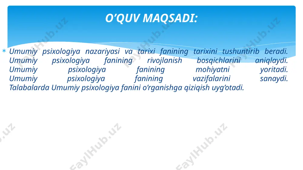 ali ilmiy-tekshirish metodlarining izlanishi va yaratilishi katta o’rin tutadi 1.psixologiya tarixi xaqida psixologiya tarixi boshqa fanlar tarixi singari, qiziq va mazmundor bilimlar sohasidan iborat. psixologiya tarixi - bu avvalo insoniyat tomonidan hayvonlarga va insonga xos bo’lgan psixik hayot hodisalari haqidagi bilimlarning asta-sekin to’planib borish tarixidir. insonning o’z-o’zi haqidagi bilimlarni to’plab hamda chuqurlashtirib borishidir. biz psixologiya tarixi bilan tanishar ekanmiz, inson va hayvonlar psixik hayotini o’rganishga bo’lgan intilish kishilar hayotning har xil tarixiy bos-qichlarida ularning qanday nazariy va amaliy ehtiyojlari bilan taqozo qil-ganligini, ba’zi bir ma’lumotlar, ya’ni psixik hodisalar qay tarzda kashf qilingan, qaror topgan va aniqlanganligini, ular qanday tushuntirilgan-ligini, ularning ba’zi qonuniyatlari qanday ochilganligini bilib olamiz. bundan tashqari, psixologiya tarixi tarixiy hayotning har xil bosqichlari-da, fan va madaniyatning umumiy taraqqiyoti munosabati bilan psixologik bilimlar sohasi qanday kengayib borganligi hamda dastlab yakka-yu yago-na bo’lgan psixologiya qay tarzda taraqqiy etib, butun bir psixologiya fanlari sistemasi darajasiga ko’tarilganligi haqida ham ma’lumot beradi. psixologiya …