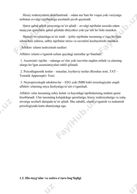 alarni yaxshi eslaydi. masalan, odam birinchi marta sahnaga chiqqan paytida his qilgan hayajonini yillar o‘tgach ham eslashi mumkin. 2. salbiy va ijobiy his-tuyg‘ularning eslab qolinish darajasi har xil bo‘lishi mumkin ko‘pincha salbiy tajribalar (qo‘rquv, tashvish, stress) ijobiy voqealarga qaraganda kuchliroq xotirada qoladi. masalan, odam bolaligida qo‘rqqan narsalarini kattaligida ham eslashi mumkin. 3. stres va kortizol gormoni xotiraga ta’sir qiladi stress vaqtida organizm kortizol va adrenalin gormonlarini ishlab chiqaradi. bu gormonlar kuchli hissiy voqealarni miyaga “muhim” deb belgilashga yordam beradi. ammo haddan tashqari stress uzoq muddatli xotirani yomonlashtirishi mumkin. 2. xotiraning his-tuyg‘ular orqali mustahkamlanishi xotira shakllanishining asosiy bosqichlari: 1. kodlash (encoding) – yangi ma’lumotlarni qabul qilish va ongda qayta ishlash jarayoni. agar ma’lumot kuchli his-tuyg‘ular bilan bog‘liq bo‘lsa, u yaxshiroq kodlanadi. 2. saqlash (storage) – xotira uzoq vaqt davomida saqlanadi. emotsional voqealar odatda uzoq muddatli xotirada kuchliroq saqlanadi. 3. chaqirish (retrieval) – odam o‘tmishdagi tajribalarini eslashi. emotsional tajribalar ko‘proq esga tushiriladi. …