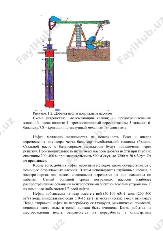 осом трубка с цилиндром и всасывающим клапаном (1) опускается. водитель в цилиндре клапанный верхний и нижний плунжер вверху с упорным клапаном (2).при движении предохранительный клапан закрыт, поскольку насос жидкость в трубопроводе находится под давлением, а всасывающий клапан открыт. когда плунжер движется вниз, нижний всасывающий клапан закрывается и открывается верхний предохранительный клапан. жидкость из цилиндра в плунжер переходит в пространство выше. рисунок 1.2. добыча нефти погружным насосом схема устройства: 1-всасывающий клапан; 2– предохранительный клапан; 3- насос штанги; 4– трехпозиционный переключатель; 5-сальник; 6-балансир;7.8 – кривошипно-шатунный механизм; 9– двигатель. нефть медленно поднимается на поверхность. взад и вперед перемещение плунжера через балансир колебательной машины (6).дано. стальной насос с балансирным плунжером будут подключены через решетку. производительность штанговых насосов добыча нефти при глубине скважины 200–400 м производительность 500 м3/сут, до 3200 м 20 м3/сут. от не превышает. кроме того, добыча нефти насосным методом также осуществляется с помощью безрычажных насосов. в этом используются глубинные насосы, а электроэнергия …