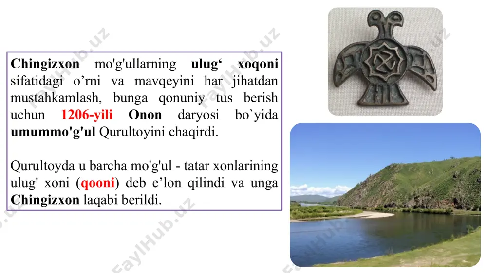 50 000 askar sig`noq, o`zgan, jandni egallash chingizxon va tuluxon- 40 000 qo`shin buxoro shahrini egallash 1220-yil fevral, 12 kun o`tror 1 2 3 4 5 1220-yil mart, 5 kun 1220-yil yoz 1220-yil kuz, 11 kun ashura 1220-yil mart xo`jand 1221-yil, 7 oy turkon xotun xumortegin o`zloqshoh jaloliddin temur malik oqshoh qipchoq amirlar ot sakrash joyi va cho`li jaloliy 1221-yil parvon janggi- afg`oniston 30 000 mug`ul askari mag`lub bo`ldi 1221-yil 25 noyabr sind daryosi bo`yi mug`ullar g`alaba qozondi 1227-yil qurdiston tog`i kurdlar qo`lida o`ldi 1230-yil isfaxon janggi mug`ullar yutqazdi 1231 yil 20 avgust arzinjon janggi mug`ullar g`alaba qozondi jaloliddin manguberdi mo`g`ullarga qarshi 11 yil kurash olib bordi. 14 marotaba jangga kirib, 12 tasida g`olib bo`ldi. 1999-yil 5 noyabrda xorazmda jaloliddin manguberdi tavalludining 800 yilligi tantanali nishonlandi va uning sharafiga haykal o`rnatildi. 2000 -yil 30 avgustda esa «jaloliddin manguberdi» ordeni ta'sis etildi. mug`ullar davrida soliq turi kalon hosilning 1/10 qismi shulsi …