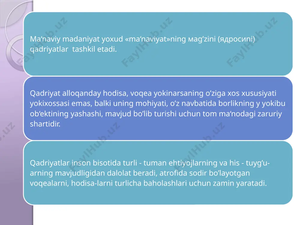 vnaqi yokiinqirozi bilan bevosiat bog’liq bo’ladi. boshqacha aytganimizda milliy qadriyatlar millatning o’tmishi va buguni bilan bog’liq. shuning uchun ham, «milliy qadriyatlar millat rivojlanishi bilan rivojlanadi, inqirozga uchrashi bilan qadrsizlanadi. shuning uchun ham, millat - o’zining qadriyatlarini vujudga keltirib, ularning yangi - yangi qirralarini va jihatlarini sayqallashtirib, rataqqiyot jarayonida atkomillashtirib turishi ma‘nosida o’z qadriyatlarining haqiqiy egasi, makon va zamondagi ilgarilanma harakatdan iborat o’zgarishlar jarayonida ularni o’tmishdan kelajakka atmon yetkazib boradigan eng asosiy ob‘ektdir» . milliy qadriyatlarni tiklash - ularga hozirgi zamon talablariga mos yangi mazmun ato etish demakdir. xuddi shuning uchun ham, o’zbekiston davlat musatqilligiga erishishi bilan mamlakatimizga hozirgi zamon talablariga javob beruvchi umuminsoniy demokratik qadriyatlar xalqimiz turmush atrziga kirib kela boshladi. inson haq - huquqlariga rioya qilish, atdbirkorlik erkinligi, matbuot erkinligi, ana shular jumlasidan edi. «ushbu demokratik qad-riyatlar jamiyatimiz uchun muhim ahamiyatga egaligi haqida gapirar ekanmiz, bu qadriyatlar atrixiy jihatdan ham, etnik - madaniy jihatdan ham xalqimizning o’ziga xos xususiyatlariga …