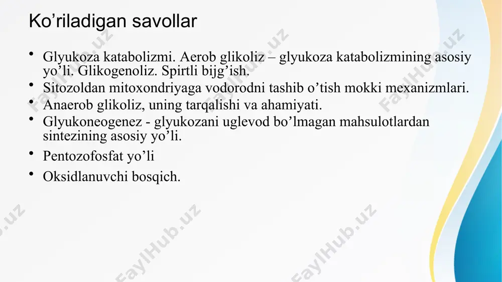 ratdan bir molekula suv ajralib chiqadi, fosfoenolpiro‘zum kislota (fosfoenolpiruvat) hosil bo‘ladi, fosfat bog‘i esa yuqori energetik bo‘lib qoladi: glikolizning o’ninchi reaksiyasi yuqori energetikbog‘ ning uzilishi bilan xarakterlanadi va fosfat qoldigt fosfoenolpiruvatdan adf ga o’tkaziladi (substratli fosforillanish). reaksiyani piruvatkinaza fermenti katalizlaydi: glikolizning biologik ahamiyati glikolizning biologik ahamiyati avvalo energiyaga boy fosforli birikmalaming hosil bo‘ lishi bilan belgilanadi. glikolizning birinchi bosqichida ikki molekula atf (geksokinaza va fosfofruktokinaza reaksiyalari) sarflanadi. keyingi bosqichida to‘rt molekula atf hosil bo’ladi (fosfoglitseratkinaza va piruvatkinaza reaksiyalari). shu tariqa, anaerob sharoitda giikolizning energetik samarasi bir molekula glyukozada ikki molekulaatf hosil bo’lishini ta’ minlashdir. aerob glikolizda bu ko‘rsatkich 38 molekula atf ga teng bo‘ ladi. аnaerob glikoliz glyukozadan energiya hosil boʼlishining sodda (primitiv) usuli anaerob organizmlarda energiya hosil qilishning asosiy yoʼli aerob organizmlarda glyukoza aerob parchalanishining birinchi bosqichi katabolik va anabolik reaktsiyalar uchun zarur oraliq metabolitlar bilan taʼminlaydi substrat fosforlanish hisobiga 2аtf hosil boʼladi sitoplazmada joylashgan, membranalar boʼlishini talab etmaydi …