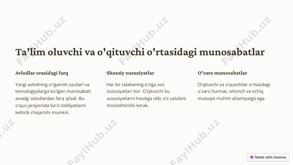tiyojlari orasidagi ziddiyat 1 o'quv dasturlari o'quv dasturlari standartlashtirilgan bo'lishi mumkin va har bir talabaning o'ziga xos ehtiyojlarini to'liq qondira olmasligi mumkin. 2 talaba ehtiyojlari talabalar o'zlarining qiziqishlari, qobiliyatlari va o'rganish uslublariga qarab turli xil bilimlarga ega bo'lishni istashadi. 3 o'rganish jarayonini moslashtirish o'qituvchilar o'quv dasturlarini o'zgartirish, turli o'quv uslublarini qo'llash va talabalarga yordam berish uchun individual yondashuvni qo'llashi kerak. https://gamma.app/?utm_source=made-with-gamma maktab ma'muriyati va o'qituvchilar o'rtasidagi ziddiyatlar ma'muriyat o'qituvchilar maktabning umumiy maqsadlarini amalga oshirish o'zlarining o'quv jarayonlarini boshqarish siyosat va qoidalarni amalga oshirish o'quvchilarda bilimlarni rivojlantirish resurslarni taqsimlash o'qitish uslublarini tanlash https://gamma.app/?utm_source=made-with-gamma raqamli texnologiyalar va an'anaviy o'qitish uslublari o'rtasidagi ziddiyat 1 an'anaviy o'qitish darsliklar, daftarlar, sinfdoshlar bilan muloqot, o'qituvchining ma'ruzalari. 2 raqamli texnologiyalar onlayn resurslar, o'quv dasturlari, interaktiv o'yinlar, virtual sinflar, masofaviy o'qitish. 3 birlashtirish an'anaviy va raqamli o'qitish uslublarini birlashtirish o'quv jarayonini yanada samarali qilishi mumkin. https://gamma.app/?utm_source=made-with-gamma ta'lim sifati va iqtisodiy mablag'lar orasidagi ziddiyat mablag'lar ta'lim sifatini oshirish uchun …