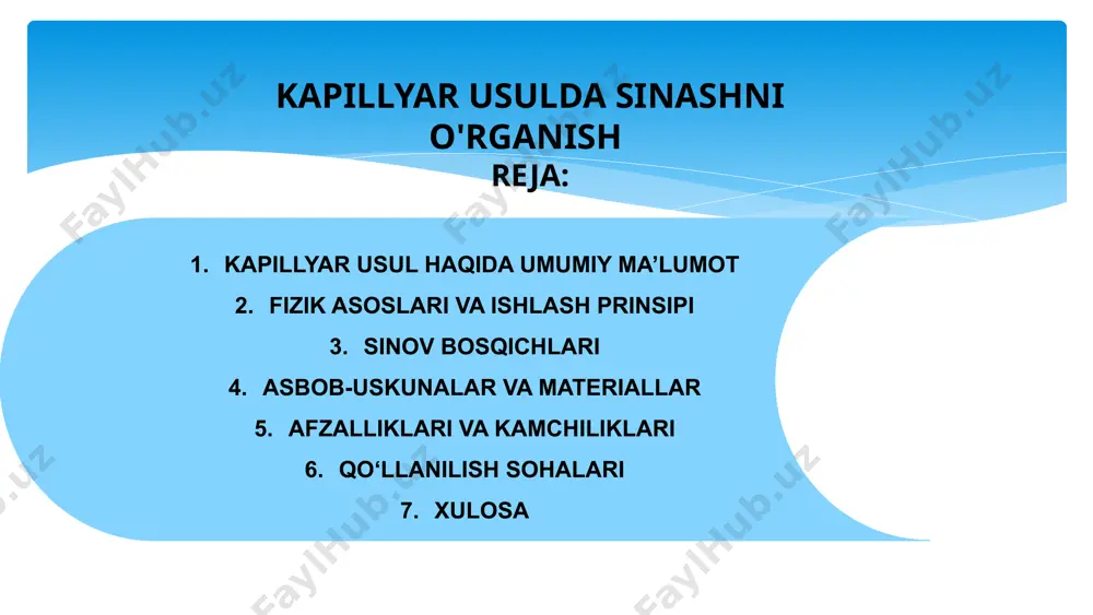 2 3 kapillyar usul kapillyarlik hodisasiga asoslanadi. penetrant – maxsus suyuqlik, u ingichka yoriqlar ichiga o‘z-o‘zidan kirib boradi. bu hodisa suyuqlikning sirt tarangligi hisobiga yuz beradi. developer (rivojlantiruvchi) penetrantni yoriqlardan tortib chiqaradi. natijada yoriqlar aniq ko‘rinadigan bo‘ladi. agar penetrant floresan bo‘lsa, ultrabinafsha nurlarda aniqlanadi. kapillyar sinov bosqichlari uzani tozalash – yog‘, chang va kirlar olib tashlanadi. penetrantni surtish – sirtga maxsus rangli yoki floresan suyuqlik qo‘llaniladi. kiritish vaqti – penetrant yoriqlarga kirib borishi uchun 5–30 daqiqa kutiladi. ortiqchasini tozalash – sirt yuzasidagi penetrant artib tashlanadi. developer sepish – oq rangli kukun yoki suyuqlik penetrantni yoriqlardan tortib chiqaradi. natijani ko‘zdan kechirish – yoriqlar developer fonida aniq ko‘rinadi. asbob-uskunalar va materiallar chiroq – floresan penetrantlar uchun ultrabinafsha nurlik lampa. penetrant – yoriqlarga kirib boruvchi rangli yoki floresan suyuqlik. developer – oq rangli kukun yoki spreysimon modda, penetrantni yoriqlardan chiqaradi. himoya vositalari – qo‘lqop, niqob, ko‘zoynak (xavfsizlik uchun). tozalovchi vosita – sinov oldidan …