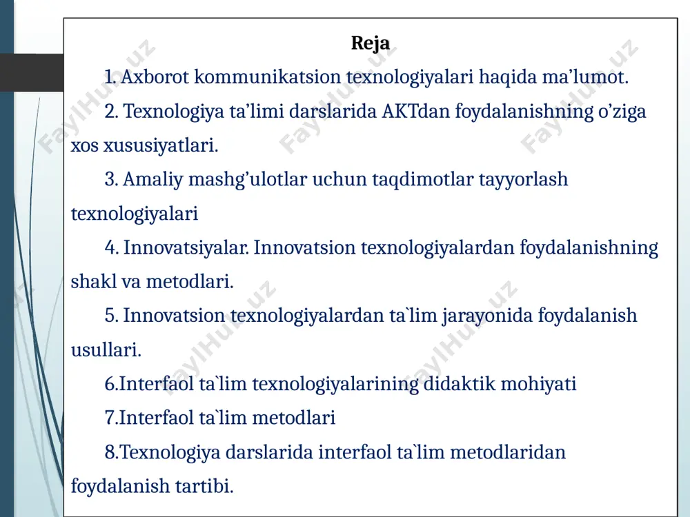 i kengaytirishga, ijobiy qobiliyatlarini o‘stirishga yordam beradi kompyuter va axborot texnologiyalaridan foydalanib, ta’lim sohasida, o‘quv faoliyatida va o‘quvchilar ijodiy tafakkurini rivojlantirishda yangi imkoniyatlar yaratiladi. axborot texnologiyalari ta’lim­ni amalga oshish jarayonida hayot bilan uyg‘unlashtirishga imkon beradi. o‘qitishni kelajakdagi kasbiy faoliyat bilan chambarchas bog‘lash imkoniyati paydo bo‘ladi. axborot texnologiyalarini qo‘l­lashda o‘quvchi shaxsining butun imkoniyatlarini amalga oshirishga: kompyuter vositalari orqali bolaning bilishga oid, axloqiy, ijodiy, muloqot qilish va estetikaviy imkoniyatlarini, qobiliyatlarini ro‘yobga chiqarishga intilish lozim. kompyuter va axborot texnologiyalarini o‘quvchi shaxsini rivojlantirishning to‘laqonli vositasiga aylantirish uchun o‘qituvchining o‘zi axborot texnologiyalari sohasida bi­limdon (salohiyatli) bo‘lishi kerak. jahon pedagogikasi amaliyotida qator olimlar, jumladan, m. v. bula­nova-toporkova va boshqalar o‘qituvchining axborot texnologiya­lari sohasidagi bilimdonligini quyidagi sifatlar bilan baholaydilar: 1 zamonaviy axborot muhitida faoliyat tajribasini baholash va integratsiyalashga qodirlik 2 shaxsiy ijodiy sifatlarini rivojlantirishga intilish 3 umumiy komunikativ (o‘zaro muloqot qilish) madaniyatining yuqori darajada bo‘lishi 6 4 5 axborot vositasida o‘zaro birlashib xatti-harakatlarni bajarish masalasida nazariy tushunchalarning …