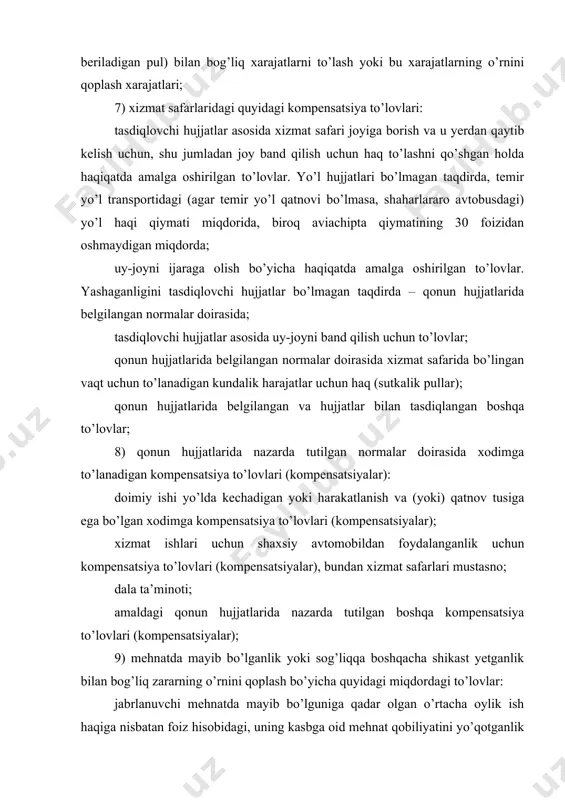 ni uning ish haqi (daromadi) miqdoridan kelib chiqqan holda, lekin qonun hujjatlarida belgilangan eng kam ish haqining besh baravaridan kam bo’lmagan miqdorda qoplanadi); maxsus tibbiy parvarishga muhtoj jabrlanuvchilarga qo’shimcha xarajatlar uchun oyiga eng kam ish haqining ikki baravari miqdoridagi to’lovlar; jabrlanuvchining maishiy parvarishi uchun qo’shimcha xarajatlar tariqasida har oyda eng kam ish haqining ellik foizi miqdoridagi to’lovlar; xodimning sog’lig’iga shikast yetkazilganligi munosabati bilan ish beruvchi tomonidan bir yo’la to’lanadigan nafaqa tariqasida jabrlanuvchining yillik o’rtacha ish haqi miqdoridagi to’lovlar; 10) boquvchisi vafot etganligi munosabati bilan quyidagi miqdordagi to’lovlar: marhumning o’rtacha ish haqining vafot etgan boquvchining qaramog’ida bo’lgan va uning vafoti munosabati bilan zararni undirishga haqli bo’lgan mehnatga qobiliyatsiz shaxslarga to’g’ri keladigan ulushi miqdoridagi to’lovlar; boquvchisi vafot etganligi munosabati bilan zararni undirishga haqli bo’lgan shaxslarga bir yo’la to’lanadigan nafaqa tariqasida marhumning o’rtacha yillik ish haqining olti baravari miqdoridagi to’lovlar; 11) talabalarning ta’lim olishi uchun, agar qonun hujjatlarida boshqacha qoida nazarda tutilmagan bo’lsa, …