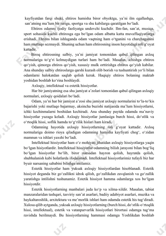 kiradi. ichilikbozlikka, qimorga, k:artabozlikka, molparastlik va pulparastlikka bo‘lgan ehtiroslar salbiy ehtiroslardir. salbiy ehtiroslar jamiyatga zarar keltiradi shaxsni beburd va pastkash kimsaga aylantiradi. faqat ijobiy mohiyatga ega bo‘lgan, aniq maqsadga katta kuch va istak bilan intilishdan iborat emotsional holat ruhlanishdir. odam faoliyatining muvaffaqiyatli mahsuli uni ruhlantiradi. mehnatga berilgan baho, uni rag‘batlantirish ham odamning ruhini ko‘taradi, tetiklashtiradi.odamning hayotida kayfiyatning roli juda ham kattadir. chunki kayfiyati hamisha tetik, normal bo‘lgan odamlarning ishlari ham unumli, barakali bo‘ladi. affekt to‘satdan paydo bo‘lib, tez orada o‘tib ketadigan nihoyatda kuchli hissiy holatdir. affekt holati yo‘z bergan paytda odamning ongi xiralashib, fikr qilish qobiliyati susayadi. affekt holatidagi harakatlar birdaniga boshlanib ketadi. lekin shuni unutmaslik kerakki, affekt paytida ham odam ongini yo‘qotib qo‘ymasligi, o‘z harakatlarini ongli idora qilishi kerak. ehtiros uzoq davom etadigan, anchagina kuchli hissiy holatdir. ehtiros ba’zan bir umrga davom etishi mumkin. ehtirosning ko‘tarinki kayfiyatdan farqi shuki, ehtiros hamisha biror obyektga, ya’ni ilm egallashga, san’atning ma’lum bir …