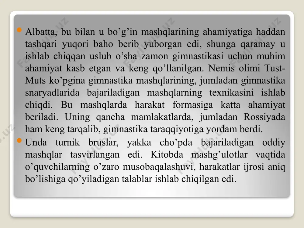atta e’tibor bergan. o‘z kitobida salomatlikni muhofaza qilish qoidalarini ko'rib chiqar ekan, buyuk mutafakkir jismoniy mashqlarni soglomlashtirish va davolash amaliyotida tutgan o‘rni va ahamiyati haqida mukammal tarzda so‘z yuritadi. ibn sino olimlar orasida birinchi bo‘lib, jismoniy mashqlarni odam organizmiga ijobiy ta’sirini «uzluksiz chuqur nafas olish jarayonini keltirib chiqaruvchi erkin harakat jismoniy mashq deyiladi», deb ta’riflagan. olimlarning raisi (ibn sinoni shunday deyishgan) ta ’kidlashicha, salomatlikni muhofaza qilish tartibida eng asosiysi badantarbiya mashqlari bilan shug‘ullanish, undan so‘ng ovqatlanish va uyqu tartiblariga rioya qilishdir. agar odam o‘z vaqtida me’yorida badantarbiya mashqlari bilan doimo shug‘ullanib, kun tartibiga rioya qilsa, u hech qanday davolash chorasi va dori-darmonga ehtiyoj sezmaydi. buyuk olimning yozishicha, jismoniy mashqlar bilan muntazam shug‘ullanmay qo‘ygan odamni sog‘lig‘i so‘nib, harakatlanishni to ‘xtatish natijasida kuchi susayib boradi. olimning fikricha, jismoniy mashqlar mushaklar, bo‘g‘inlar, asab tolalarini mustahkamlaydi, natijada insonlaro‘z ishlarini toliqmasdan uzoq muddatda bajarib, xastalikdan muhofaza etishadi. ibn sino jismoniy mashqlar bilan shug‘ullanganda insonning yoshi …