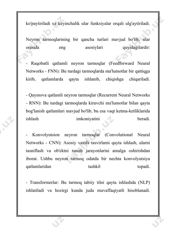 ga qarama-qarshi bog‘lanish ham mavjud. shu sababli, xopfill tarmog‘i simmetrik matritsaga asoslangan. xopfill neyron tarmog‘ining asosiy ishlash tamoyillari quyidagicha: 1. **tuzilishi:** xopfill neyron tarmog‘i to‘liq bog‘langan grafik shaklida tasvirlanadi. har bir neyron tomonidan har bir boshqa neyron bilan bog‘langan, lekin o‘z-o‘ziga emas. bu to‘liq bog‘langan grafik tarmoqda simmetrik vazn matritsasi ishlatiladi, unda uy-uy yuklamalari nolga teng. 2. **yozilgan ma'lumotlar:** xopfill neyron tarmog‘i jadvalda yozilgan ma'lumotlarni saqlash uchun ishlatiladi. har bir jadval bir holatini ifodalaydi va tarmoq bu holatlarni eslab qolishi mumkin. bu holatlar odatda asosan ikkilik qiymatlarda ifodalanadi, masalan, 1 va -1. 3. **energiya funksiyasi:** xopfill tarmog‘ida ishlash uchun asosiy matematik model energiya funksiyasidir. bu funksiya har bir holat uchun hisoblanadi va tarmoqning vazifasi minimal energiya holatini topishdan iborat. minimal energiya holati stabil holatdir va bu holatga erishilganda tarmoq tinchlanadi. 4. **boshqaruv mexanizmi:** xopfill tarmog‘i uzluksiz yoki diskret boshqaruv ostida ishlatilishi mumkin. diskret versiyada neyronlar ketma-ket yangilanadi, har bir yangilanishda …