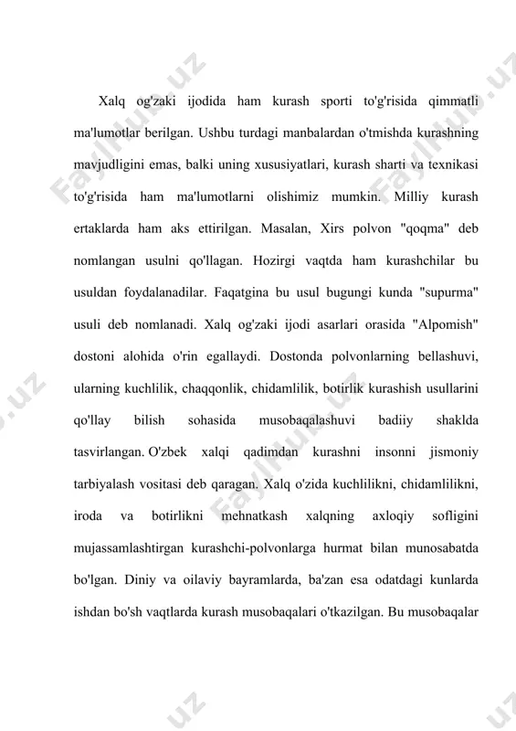 morfofunksional ko‘rsatkichlariga mos vositalar va uslublarni qo‘llash, mashg‘ulotda dasturlarini tuzishda biomexanik yondashuv asosida takomillashtirilgan klassifikatsiyadan foydalanib jismoniy tayyorgarligini takomillashtirish jarayonini tashkil etish kabi masalalar dolzarb bo‘lib kelmoqda. o‘zbekistonda jismoniy tarbiya va sportni rivojlantirish va ommaviylashtirish katta e’tibor qaratilmoqda. milliy kurashchilarimiz yuqori natijalarga erishishi, texniktaktik tayyorgarlikning samarali va kafolatli mashg‘ulot jarayonini yaratish muhim. milliy kurash sport turi, bellashuv jarayonida yuzaga keladigan tez o‘zgaruvchan sharoitlar, raqib bilan faol to‘qnashuv natijasida paydo bo‘ladigan chalg‘ituvchi harakatlar bilan ifodalanuvchi turli-tuman harakat malakalariga egadir. ushbu o‘quv qo‘llanma jismoniy tarbiya universiteti va pedagogika institutlarining jismoniy madaniyat fakulteti talabalari uchun mo‘ljallangan. shu bilan birga u magistrant, ilmiy izlanuvchi xodimlar trenerlar, sportchilar va jismoniy tarbiya o‘qituvchilariga yordamchi qo‘llanma bo‘la oladi. butun jahon nigohiga tushib, dovrug’ va shuhrat qozonayotgan. millionlarni o’ziga mahliyo etgan kurash ham jahonning yuksak ma’naviy qadriyatlaridan biri sifatida o'zining chuqur tarixiy ildizlariga egadir.tarixshunos, qadimshunos, elslumos va faylasuf olimlarning olib borgan tadqiqotlari, izlanishlari va arxeologik ilmiy qidiruvlar, kuzatishlari …