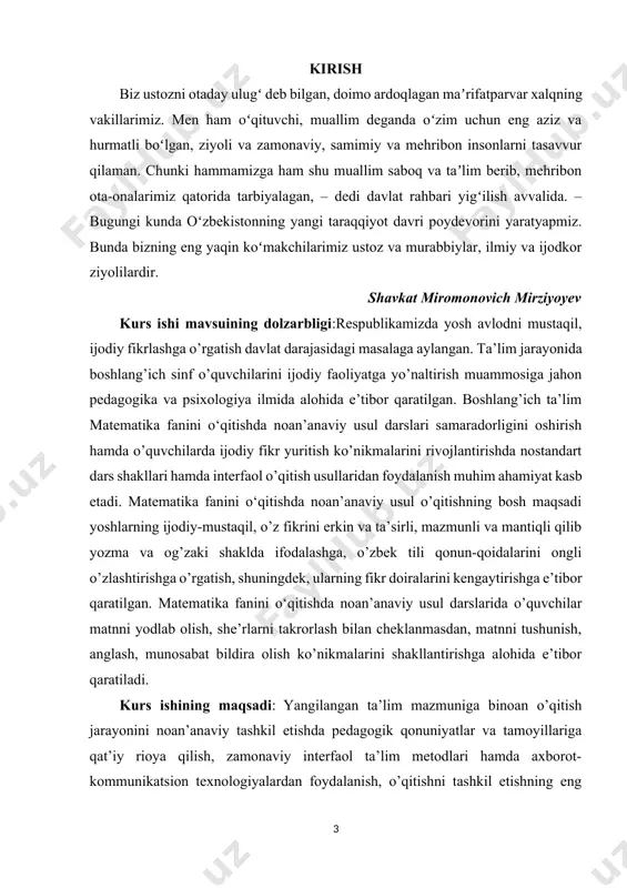 bligi:respublikamizda yosh avlodni mustaqil, ijodiy fikrlashga o’rgatish davlat darajasidagi masalaga aylangan. ta’lim jarayonida boshlang’ich sinf o’quvchilarini ijodiy faoliyatga yo’naltirish muammosiga jahon pedagogika va psixologiya ilmida alohida e’tibor qaratilgan. boshlang’ich ta’lim matematika fanini o‘qitishda noan’anaviy usul darslari samaradorligini oshirish hamda o’quvchilarda ijodiy fikr yuritish ko’nikmalarini rivojlantirishda nostandart dars shakllari hamda interfaol o’qitish usullaridan foydalanish muhim ahamiyat kasb etadi. matematika fanini o‘qitishda noan’anaviy usul o’qitishning bosh maqsadi yoshlarning ijodiy-mustaqil, o’z fikrini erkin va ta’sirli, mazmunli va mantiqli qilib yozma va og’zaki shaklda ifodalashga, o’zbek tili qonun-qoidalarini ongli o’zlashtirishga o’rgatish, shuningdek, ularning fikr doiralarini kengaytirishga e’tibor qaratilgan. matematika fanini o‘qitishda noan’anaviy usul darslarida o’quvchilar matnni yodlab olish, she’rlarni takrorlash bilan cheklanmasdan, matnni tushunish, anglash, munosabat bildira olish ko’nikmalarini shakllantirishga alohida e’tibor qaratiladi. kurs ishining maqsadi: yangilangan ta’lim mazmuniga binoan o’qitish jarayonini noan’anaviy tashkil etishda pedagogik qonuniyatlar va tamoyillariga qat’iy rioya qilish, zamonaviy interfaol ta’lim metodlari hamda axborot-kommunikatsion texnologiyalardan foydalanish, o’qitishni tashkil etishning eng …