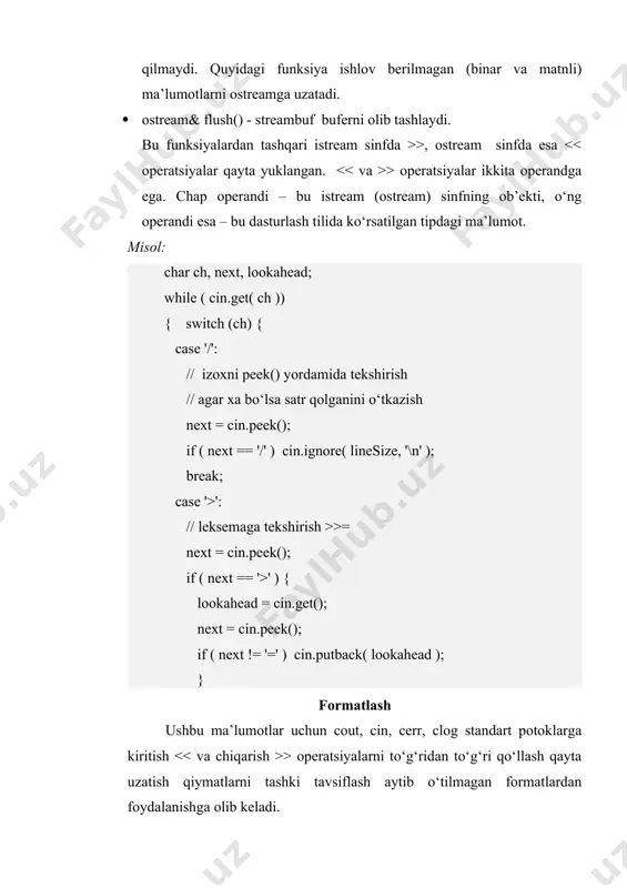 ch simvol bilan bo‘sh joyni to‘ldirish · setprecision( n ) n ga teng bo‘lgan suzuvchi nuqtali sonni chiqarish aniqliligini o‘rnatish · setw( w ) w ga teng bo‘lgan qiritish yoki chiqarish maydonning enini o‘rnatish · setbase( b ) b asosiga ega bo‘lgan butun sonlarning chiqarish fayllar bilan ishlash fayllarni ochish va yopish c++da fayllar bilan ishlash ftsream kutubxonasidagi biron-bir sinflar yordamida amalga oshiriladi. ftsream kutubxonasi fayllarni o‘qib olish uchun javob beradigan ifstream sinfiga, xamda faylga axobotning yozib olinishiga javob beradigan oftsream sinfiga ega. biron-bir faylni yozish yoki o‘qish uchun ochish uchun, oftsream turdagi yoki mos xolda iftsream turdagi o‘zgaruvchini yaratish kerak. bunday o‘zgaruvchini initsiallashda fayl nomi o‘zgaruvchi nomidan keyin qavs ichida berilgan belgilar massivi ko‘rinishida uzatiladi. masalan, c diskida joylashgan ‘text.txt’ faylini ochish kerak. buning uchun kodning quyidagi fragmenti qo‘llanadi: ifstream ifl (‘’c:\text.txt’’); ofstream ofl(‘’c:\text.txt’’): char s[20]=’’c:\text.txt’’; ifstream ifj (s); bu yerda ifl, ifl va ofl - o‘zgaruvchilar nomi bo‘lib, …