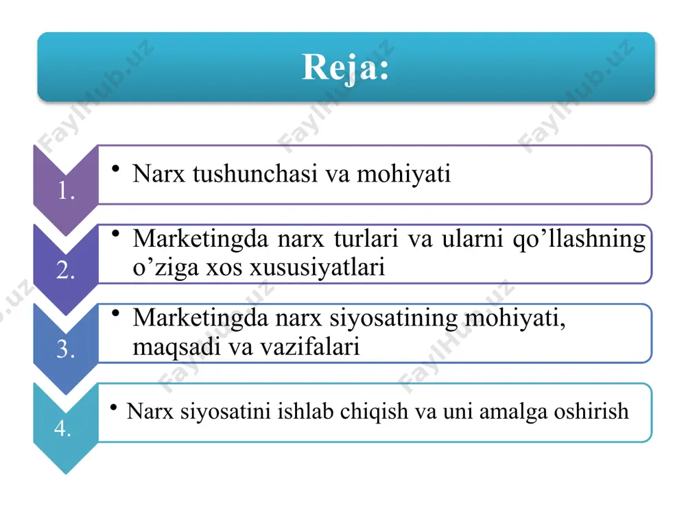 ilganda qoilaniladigan narx. ulguiji narx tovar birjalari va savdo uylarida ham qoilaniladi. ulgurji narx quyidagi tuzilishga ega: iqtisodiyotda amal qilib turgan barcha narx turlari narx tizimini tashkil qiladi. ishlab chiqarish tannarxi, korxonaning barcha xarajatlarining yig‘indisi (o‘zgarmas va o‘zgaruvchan xarajatlar); korxona foydasi, korxonaning rentabelligi uchun zarur bo’lgan daromad stavkasini ta’minlaydigan stavka; aksiz solig’i, oziq-ovqat mahsulotlari va hashamatli mahsulotlar uchun bilvosita soliq; qo‘shilgan qiymat solig’i. ulgurji narx sotish narxidan qanday farq qiladi? ulgurji narx = ishlab chiqarish tannarxi + korxona foydasi. sotish narxi - kompaniya tovarlarni ulgurji xaridorga sotadigan haqiqiy narx. u korxona foydasi, aksiz solig’i va qo’shilgan qiymat solig’ini o’z ichiga oladi. misol: ulgurji narxni hisoblash. ishlab chiqarish narxi: 200 so‘m (bir dona). kompaniya 25 % li daromadni rejalashtirsin: 1. ishlab chiqarish birligiga foyda: 200 * 0,25 = 50 so‘m. ulgurji narx: 200 + 50 = 250 so‘m qo‘shilgan qiymat solig’i (qqs) (20%): 250 * 0,2 = 50 so‘m. sotish narxi: …
