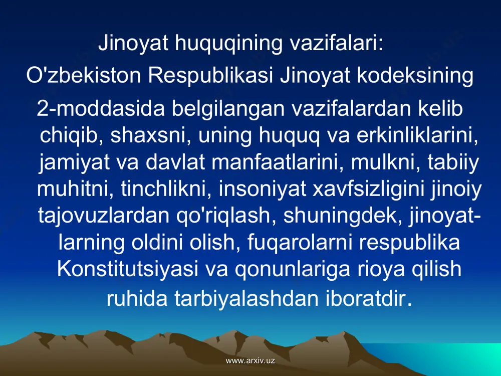 eng og'ir turi bo’lgan jinoiy javobgarlik jinoyat qonuni normalari bilan qo'riqlanadigan ijtimoiy munosabatlarga zarar yetkazgan yoki zarar yetkazish xavfi bo’lgan tajovuzlar qilinganida vujudga kelib, jinoiy javobgarlik jinoyat sodir etishning huquqiy oqibatidir. o'zbekiston respublikasi jinoyat kodeksining 16-moddasida jinoyat uchun javobgarlik va uning asoslari belgilangan bo’lib, unga ko'ra jinoyat uchun javobgarlik-jinoyat sodir etishda aybdor bo’lgan shaxsga nisbatan sud tomonidan hukm qilish, jazo yoki boshqa huquqiy ta'sir chorasi qo’llanilishida ifodalanadigan jinoyat sodir etishning huquqiy oqibatidir. jinoiy javobgarlikning asosi bo'lib sodir etilgan qilmishda jinoyat tarkibining barcha alomatlari mavjudligi hisoblanadi. www.arxiv.uz www.arxiv.uz jazo tizimi (jk-43 modda) jarima muayyan huquqdan mahrumqilish axloq tuzatish ishlari xizmat bo’yicha cheklash qamoq intizomiy qismga jo’natish ozodlikdan mahrum qilish umrbod ozodlikdan mahrum qilish www.arxiv.uz www.arxiv.uz «ikki yoki undan ortiq shaxsning qasddan jinoyat sodir etishda birgalashib qatnashishi ishtirokchilik deb topiladi» jinoyat ishtirokchilarining to'rt turi ko'rsatilgan: bajaruvchi tashkilotchi dalolatchi yordamchi. o 'zbekiston respublikasi jkning 29-mockkisida ishtirokchilikning to'rt shakli ajratilgan: 1) oddiy ishtirokchilik. 2) …
