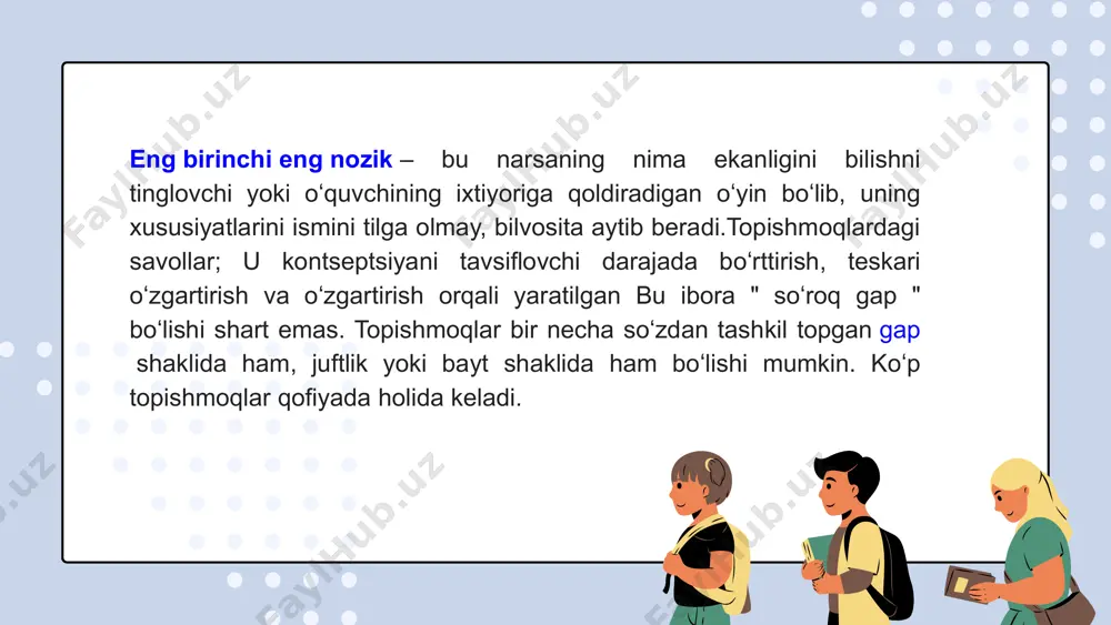 g bilimlarini aniqlash maqsadida foydalanish mumkin. «sirli maktub» metodio’yin-topshiriq turlaridan biri bo’lib, o’quvchilarda mantiqiy fikrlash faoliyatini rivojlantirish, o’rganilayotgan mavzuga oid tushunchalarni mustahkamlash maqsadida o’tkaziladi. jarayon uchun8-10 daqiqa ajratib, kichik guruhchalarda tashkil etiladi. har bir o’quvchi o’zi bilgan topishmoqdan birortasini yozib, idishgasoladi. keyin ular yaxshilab aralashtiriladi va o’quvchilarga bittadan olish taklif qilinadi. o’quvchilar o’zlari olgan topishmoqni o’qib, nima haqda ekanini, javobini aytishlari kerakbo’ladi. bunda, bir tomondan, sinfdoshlar bir-biri haqida yangi, oldin bilmagan jihatlarni bilib olishga muvaffaqbo’lsalar, ikkinchi tomondan, murakkab tuzilishliso’zlar ifodalagan lug`aviy ma’nolarni qay darajada o’zlashtirganlarisinovdan o’tadi. bunday o’quv mashg`uloti o’quvchilarni mantiqiy mushohada yuritishga, ziyraklikka o’rgatadi. e’tiboringiz uchun rahmat!!! image1.png image2.svg image3.png image4.svg image5.png image6.svg image7.png image8.svg image9.png /docprops/thumbnail.jpeg