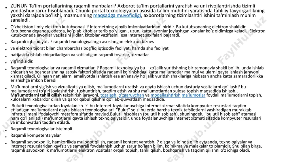 va ma’lumotlarni boshqararish kabi vazifalarni ta’minlaydigan dasturiy vosita. kompyuter tarmoqlarida xavfsizlik chora tadbirlari? ompyuter tarmoqlarida axborotni himoyalash deb foydalanuvchilarni ruxsatsiz tarmoq elementlari va zaxiralariga egalik qilishni man etishdagi texnik, dasturiy va kriptografik usul va vositalar, hamda tashkiliy tadbirlarga aytiladi. ma’lumotlarni shifrlashning kriptografik usullari.? kriptografik uslublardan (shifrmatnga va dastlabki matnga oʻgirish, elektron raqamli imzoni shakllantirish va tekshirish, xesh-funksiya shakllantirish va tekshirish) foydalanishga asoslangan axborotni oʻzgartirish jarayoni. elektron raqamli imzo.? электрон ҳужжатдаги мазкур электрон ҳужжат ахборотини электрон рақамли имзонинг ёпиқ калитидан фойдаланган ҳолда махсус ўзгартириш натижасида ҳосил қилинган ҳамда электрон рақамли имзонинг очиқ калити ёрдамида электрон ҳужжатдаги ахборотда хатолик йўқлигини аниқлаш ва электрон рақамли имзо ёпиқ калитининг эгасини идентификация қилиш имкониятини берадиган имзо video konferensiyaning turlari va ahamiyati.? bir nechta joyda bir vaqtning o'zida audio va video translyatsiyalarini amalga oshirish imkonini beradigan texnologiyadan foydalanib, turli joylardan bir nechta odam bilan interaktiv video muloqotda bo'lish usulidir.turlari zoom video chatlar skayp whatsap zunun videokonferensaloqa …