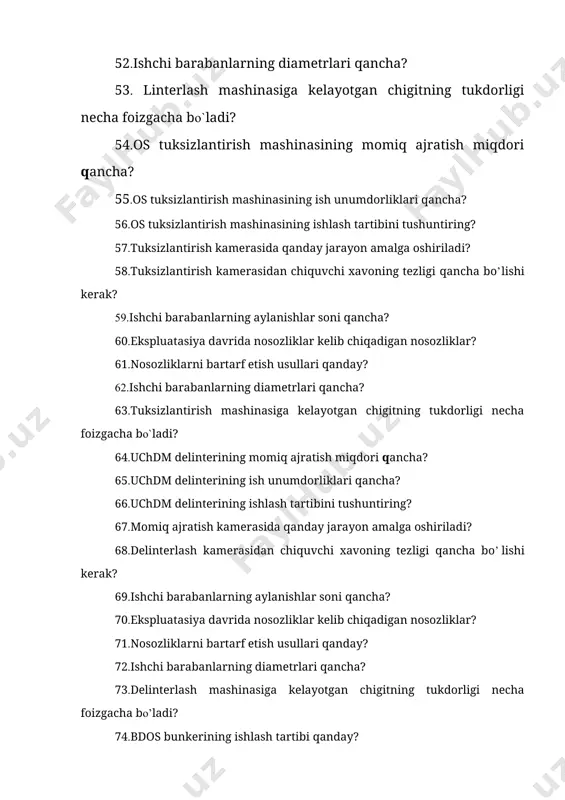 tlarni tayyorlashda nimalarga axamiyat beriladi? 95.gammoz va ildiz chirish kasalliklari qanday oqibatlarga olib keladi? 96.urug‘lik chigitni dorilash preparatlaridan foydalanishgaqaysi tashkilotning ruxsati bo’lishi kerak? 97. urug’lik paxtani qabul qilishda qanday ishlar amalga oshiriladi? 98. urug‘lik chigitni dorilashdan maqsad? 99. urug’lik paxtani nechta avlodi mavjud? 100. urug’lik paxtani qabul qilishda nimalarga etibor berish kerak?