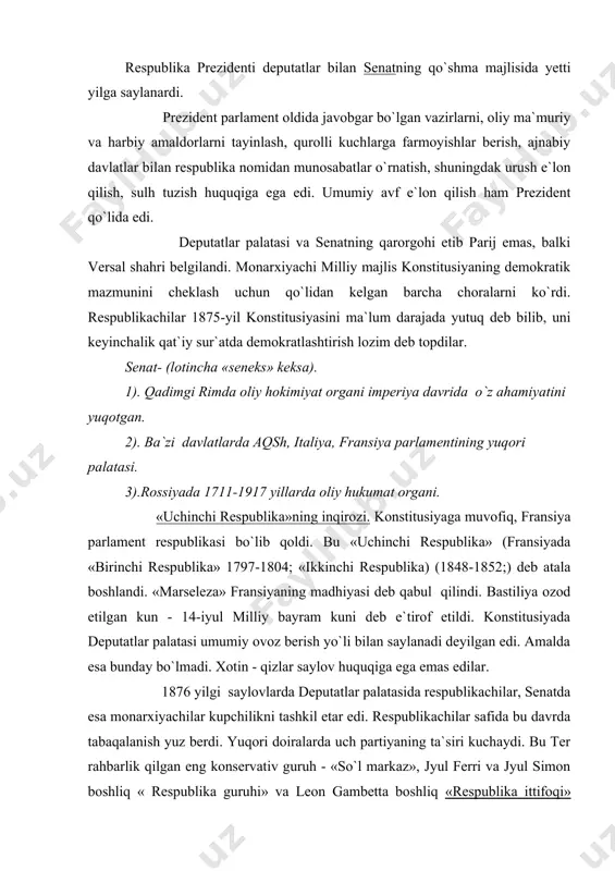 a esa monarxiyachilar kupchilikni tashkil etar edi. respublikachilar safida bu davrda tabaqalanish yuz berdi. yuqori doiralarda uch partiyaning ta`siri kuchaydi. bu ter rahbarlik qilgan eng konservativ guruh - «so`l markaz», jyul ferri va jyul simon boshliq « respublika guruhi» va leon gambetta boshliq «respublika ittifoqi» guruhlari edi. gambetta respublikachilarning eng mashhur va nufuzli rahbari edi. gambettaning radikal - demokratik talablaridan voz kechganligi 70-yillarning oxirida respublikachilarning «o`ta so`l» guruhini vujudga keltirdi va keyinchalik uning negizida radikallar partiyasi tuzildi. radikal-demokratik islohotlarni tashkil etish, «o`ta sul» guruhlar,ular ko`pincha tubdan keskin choralarning tarafdorlari edilar. mak-magon senatning yordamiga suyanib deputatlar palatasini tarqatib yubordi va yangi saylov belgiladi. saylov vaqtida hukumat tazyiq vositalarini ishga soldi. respublikaning yashashi jiddiy xavf ostida qoldi. barcha respublikachi guruhlar yana gambetta rahbarligi ostida birlashdilar. xalq respublikani qat`iy yoqlab chiqdi. 1876 yil yanvarda respublikachilar senatga bo`lgan saylovlarda ham g`alaba qozonganlaridan keyin mak-magon kurash olib borishning behudaligiga ko`zi yetib, vakolati tugamasdan iste`fo berdi. …